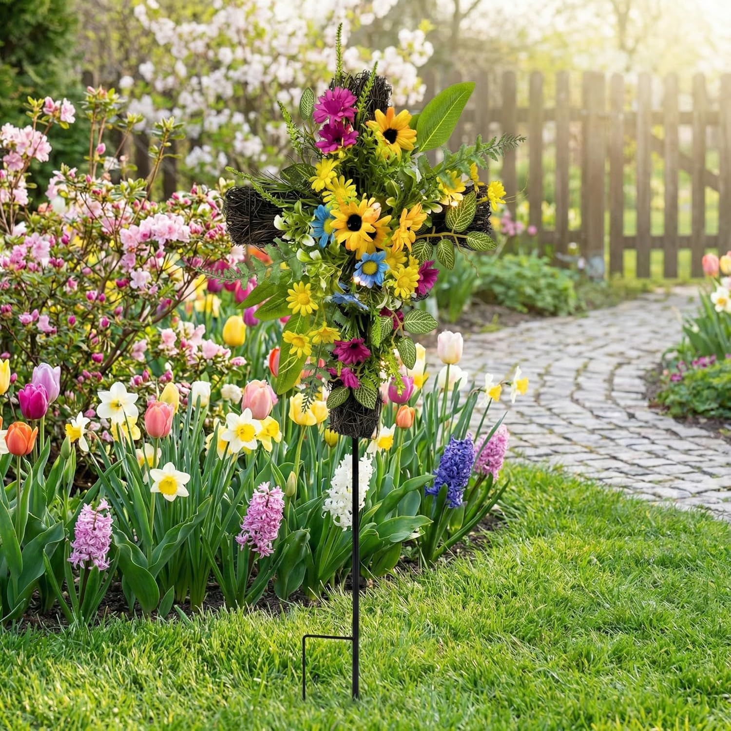 32 Inch Solar Cross Stake Lighted Cemetery Stake with Sunflowers Daisies Colorful Wildflowers for Garden Cemetery Memorial