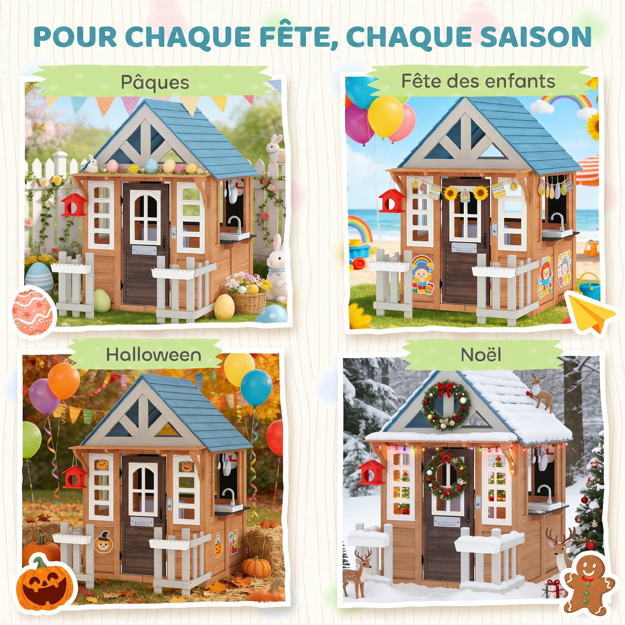 AIYAPLAY Cabane Enfant extérieur en Bois, Maison Enfant extérieure/intérieure avec chatière, Cuisine de Jeu, boîte aux Lettres, Sonnette, nichoir et clôture, pour 2-5 Ans, 165x116,5x163,5cm, Marron