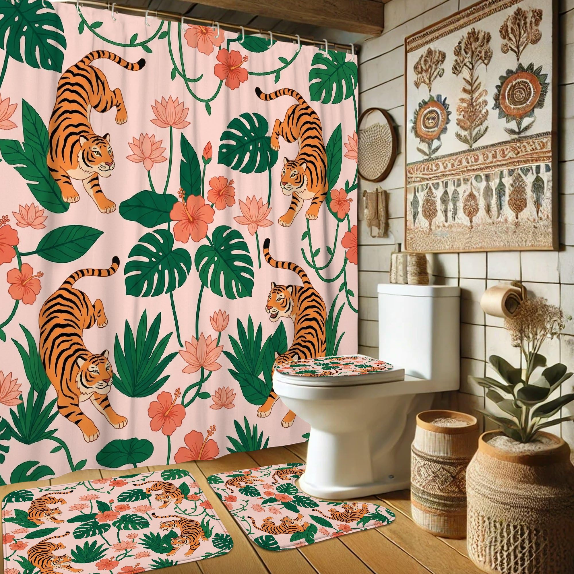 Rideaux de douche Tigre en tissu pour éviter l'eau au sol de la douche