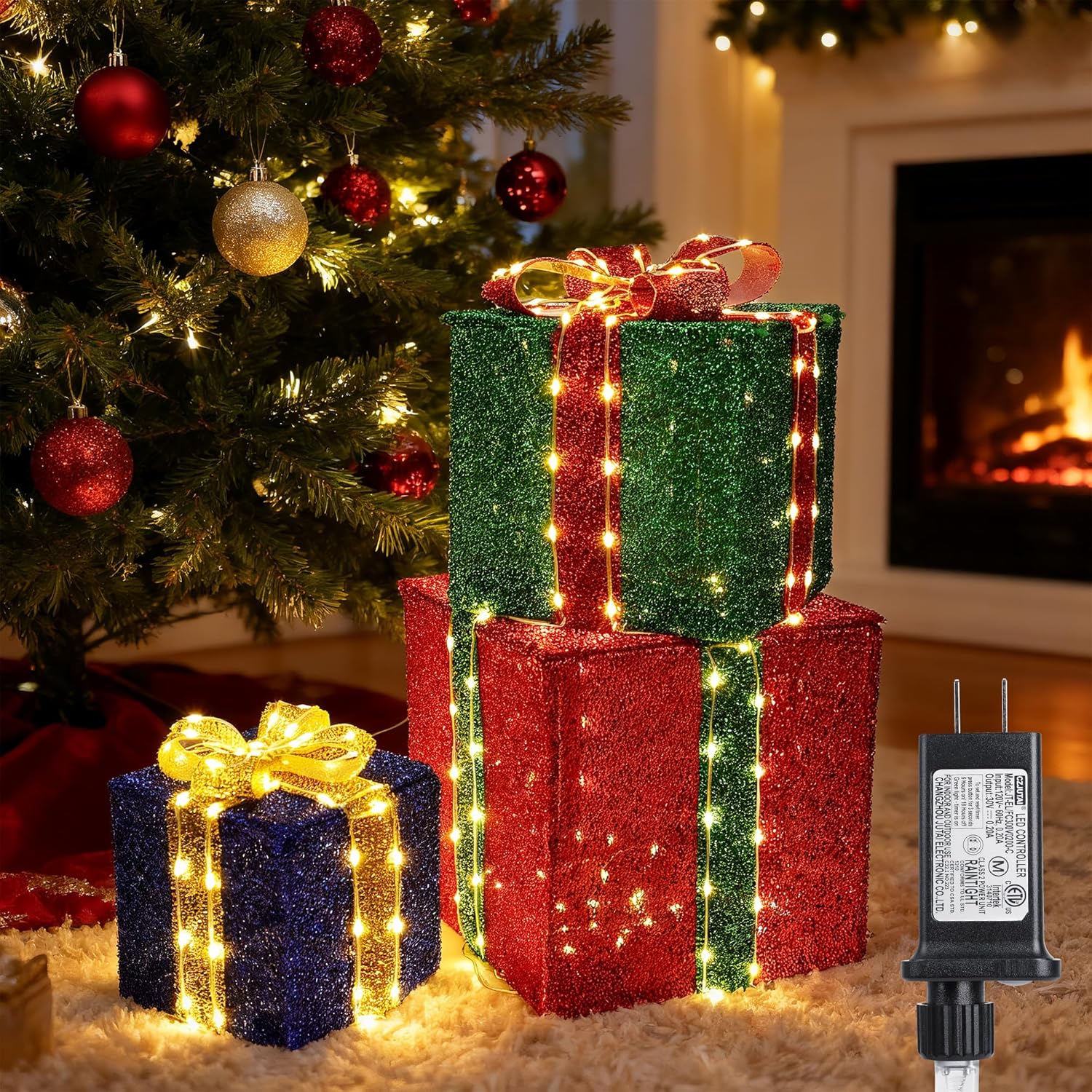 Set of 3 Christmas Lighted Gift Boxes - Pre lit Presents Christmas Boxes with Different Sizes for Holiday Indoor Outdoor Decoration (Warm White, Small) Small-Warm White