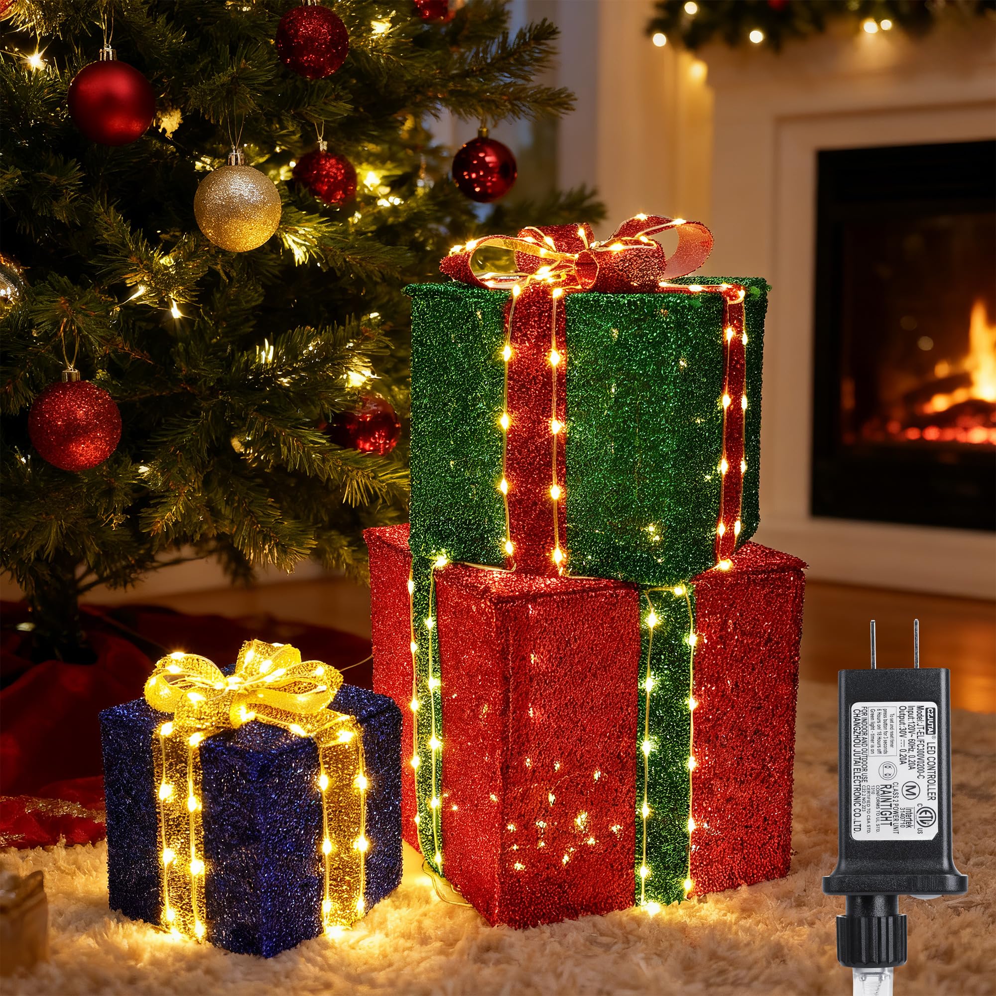 Set of 3 Christmas Lighted Gift Boxes - Pre lit Presents Christmas Boxes with Different Sizes for Holiday Indoor Outdoor Decoration (Warm White, Small)