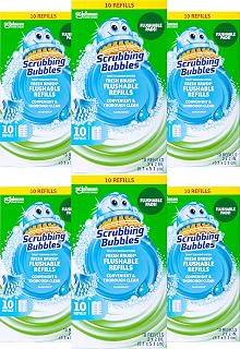 Scrubbing Bubbles Fresh Brush Flushables Refill, Toilet and Toilet Bowl Cleaner, Eliminates Odors and Limescale, Rainshower Scent, 10ct- Pack of 6 (60 Total Pads)