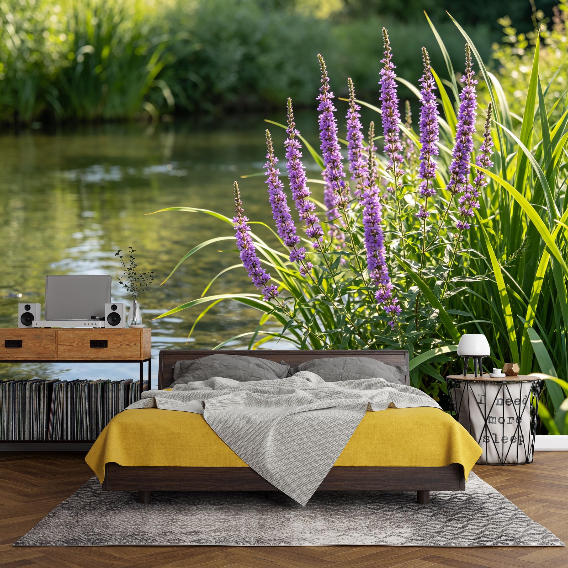 Custom Size Wall Mural， Botanical Purple Flowers by Riverside Landscape Nature Scene，SelfAdhesive Art Prints wall Fabric (No PVC) Removable Wallpaper Living Room Decor