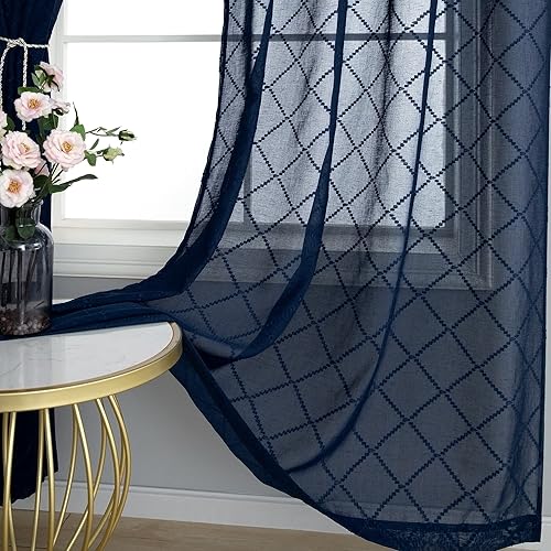 Miniatura 5 de KOUFALL Cortinas de ventana para sala de estar, juego de 2 paneles de 84 pulgadas de largo, diseño de patrón azul, cortinas transparentes bordadas
