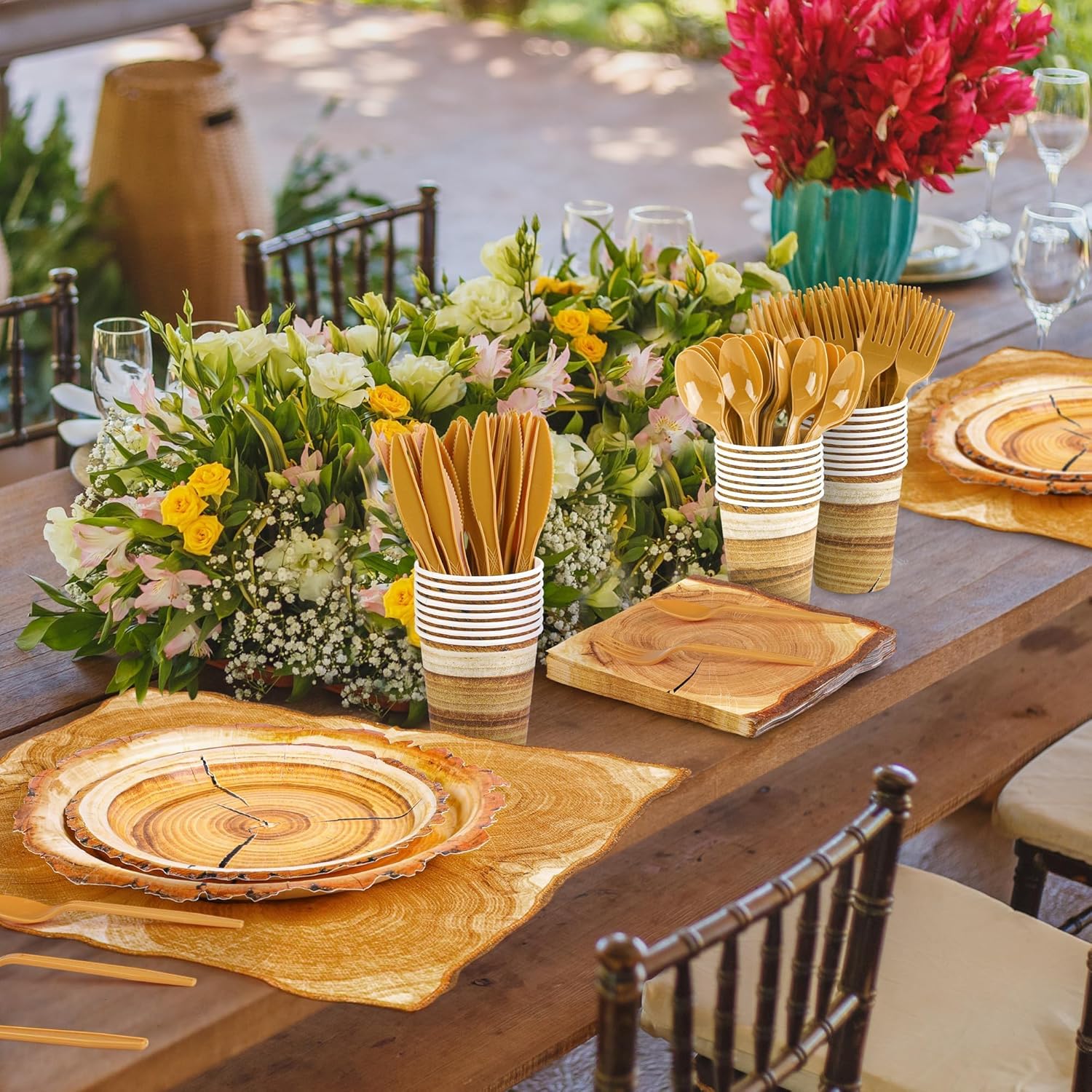 Kochorie 175 Pieces Rustic Wood Slice Party Supplies Camping Wood Grain Slice Tableware Set 7 Inch and 9 Inch Paper Plates Napkins Cups Cutlery for Hunting Birthday Party Decorations, Serve 25 Guests