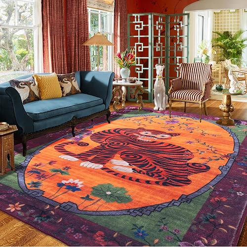 Vintage Tiger Rug Washable 5X7 Oriental Traditional Animal Print Fuchsia Floral Tibetan Rugs for Bedroom Kitchen Living Room Indoor Entryway Carpet Thin Rug - Red Oriental Tiger - 5x7 Ft