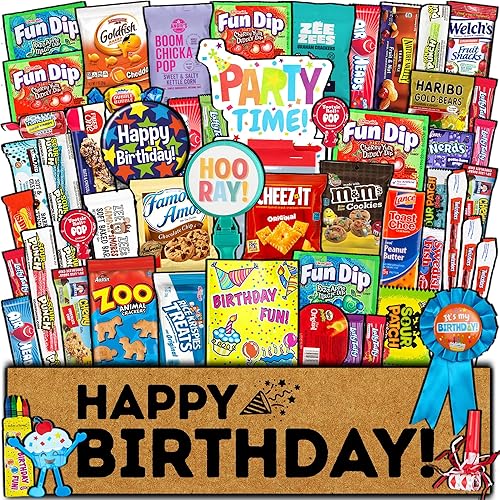 Birthday Care Package (50 Count) Snacks Food Cookies Bar Chips Party Variety Gift Box Pack Assortment Basket Bundle Mix Treat College Students Kids Teens