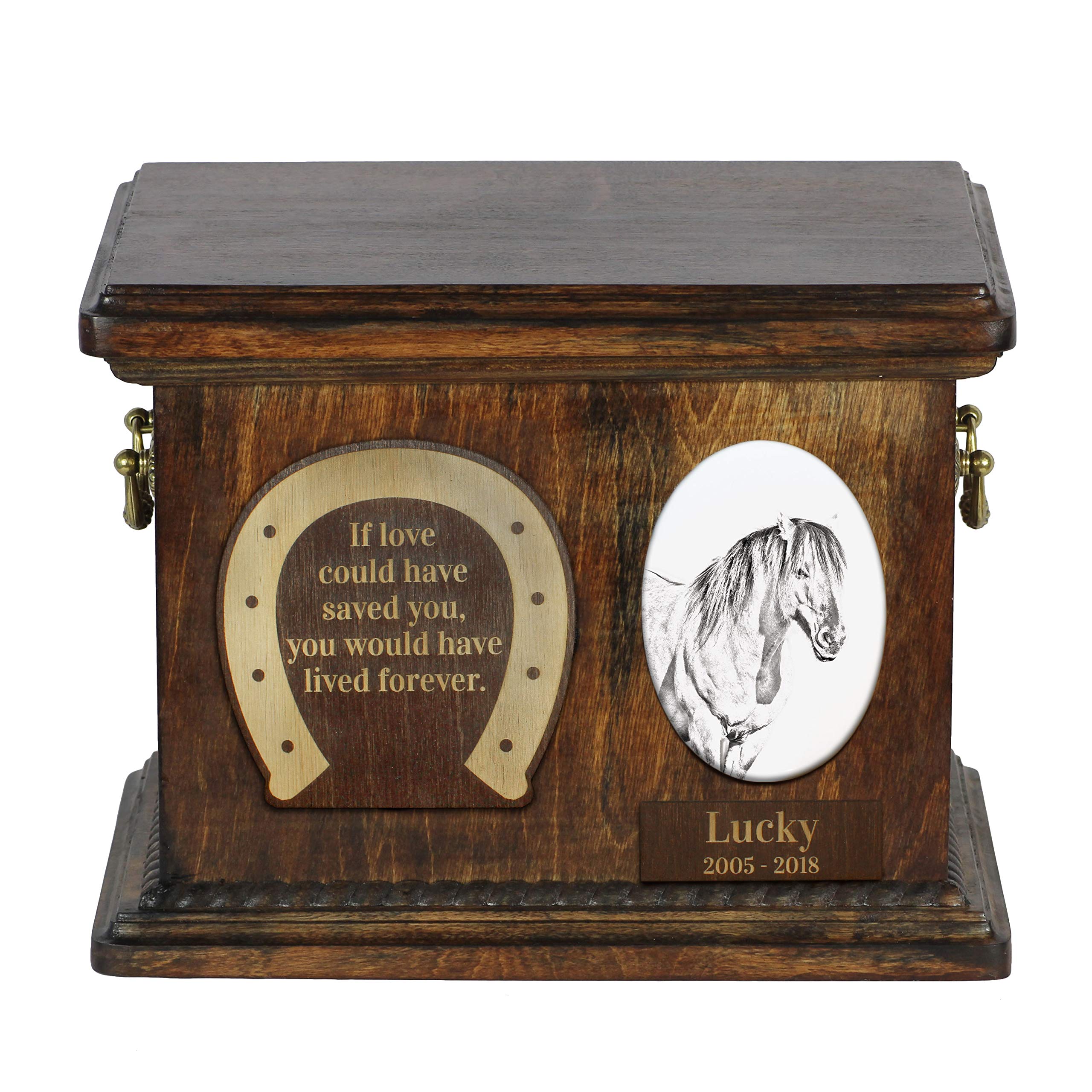 Urne en bois pour cheval Henson Art-Dog avec plaque en céramique et gravure personnalisée