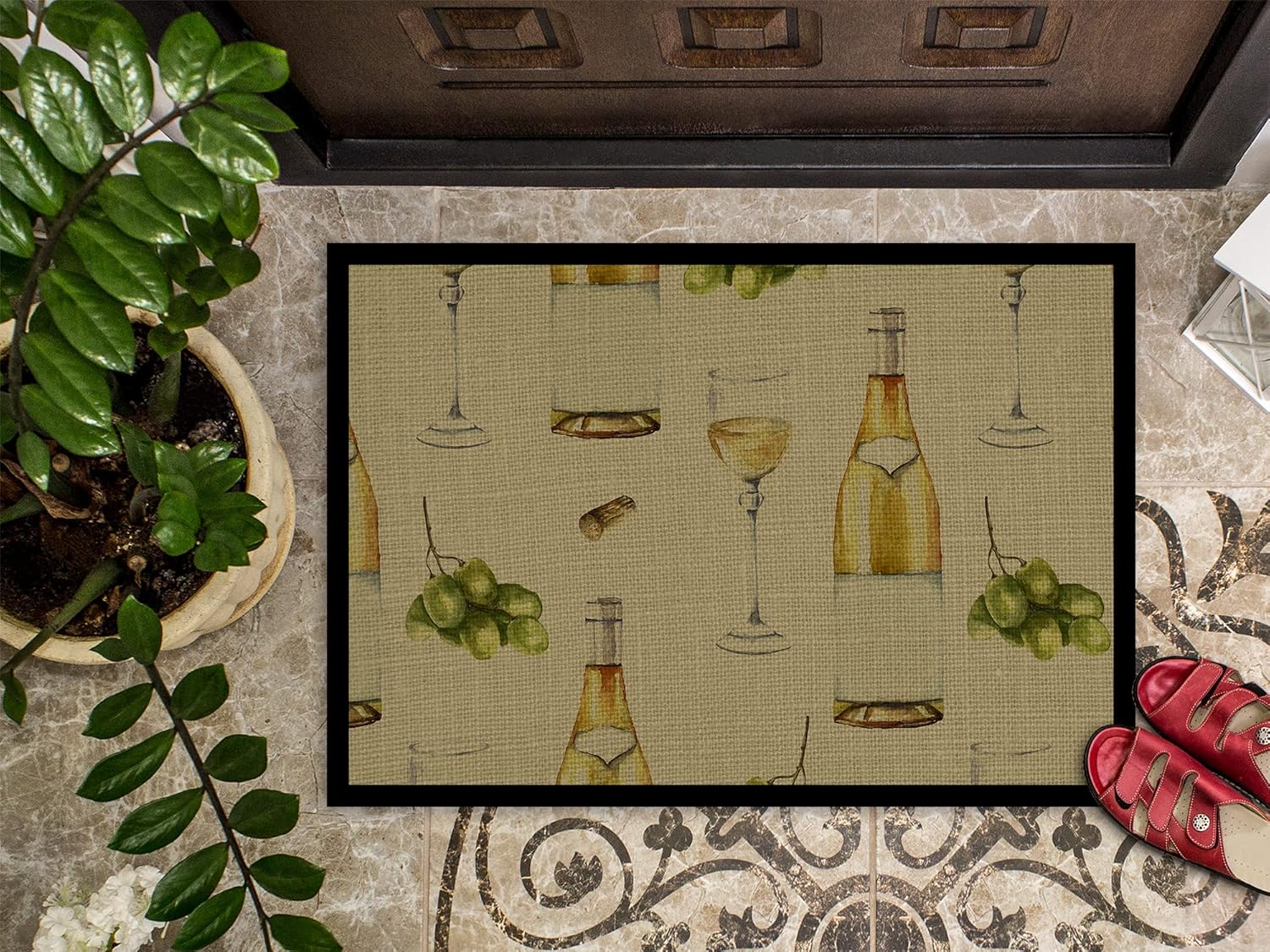 Caroline's Treasures BB5194MAT White Wine on Linen Doormat 18x27 Front Door Mat Indoor Outdoor Rugs for Entryway, Non Slip Washable Low Pile, 18H X 27W