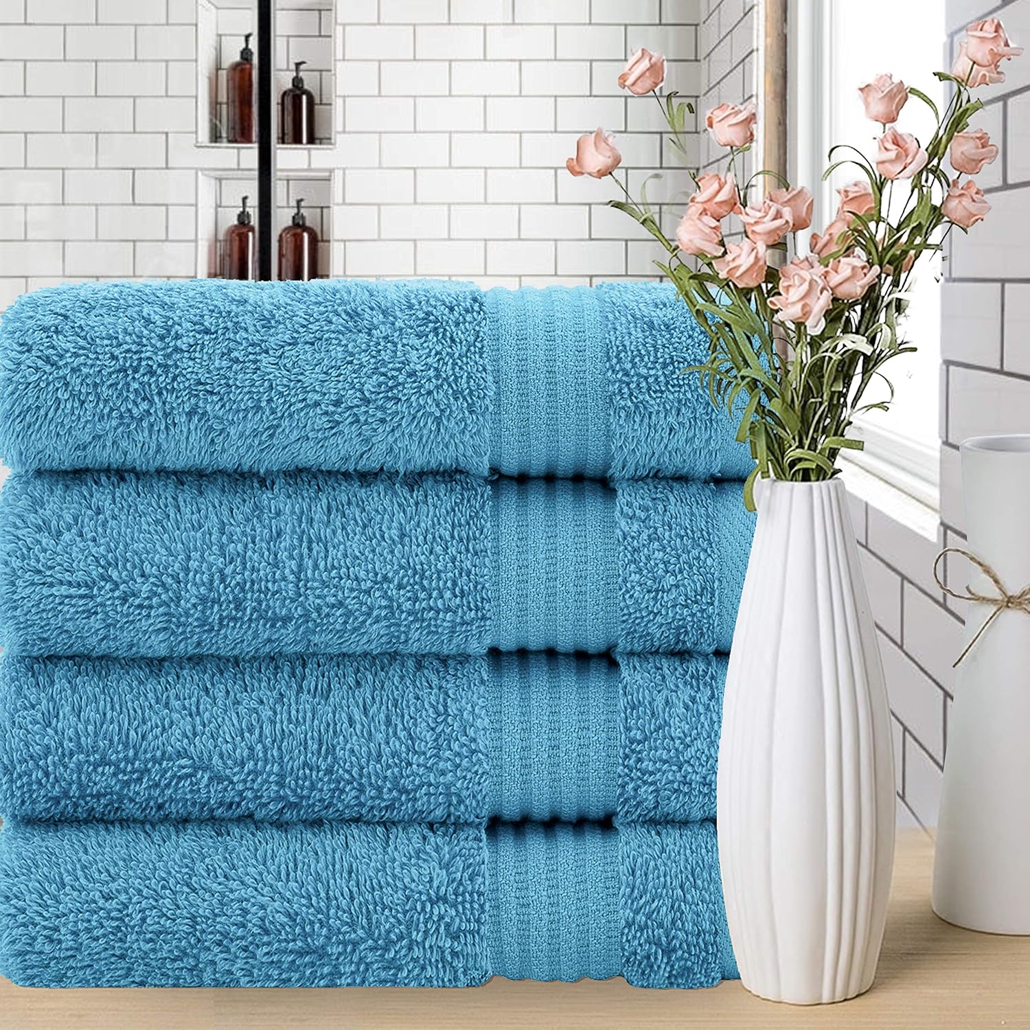 2 Washcloths, 2 Hand Towels, 2 Bath Towels, Soft & Absorbent 600 GSM Premium Hotel & Spa Quality 6 Piece Genuine Turkish Cotton Bathroom Towel Set, Aqua Blue (Fingertip Towels, Sky Blue)