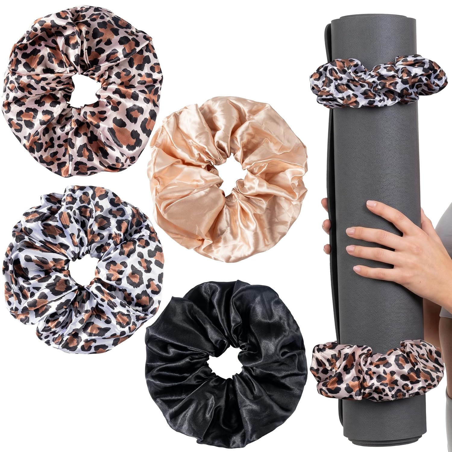 4 Pack Yoga Mat Scrunchie, Fits Standard Mats (Blue & White) | 2-in-1 Mat Strap and Hair Tie, Stretchy Elastic Fabric for Gym, Home Workout, Fitness Lovers Gift (Mat Not Included)