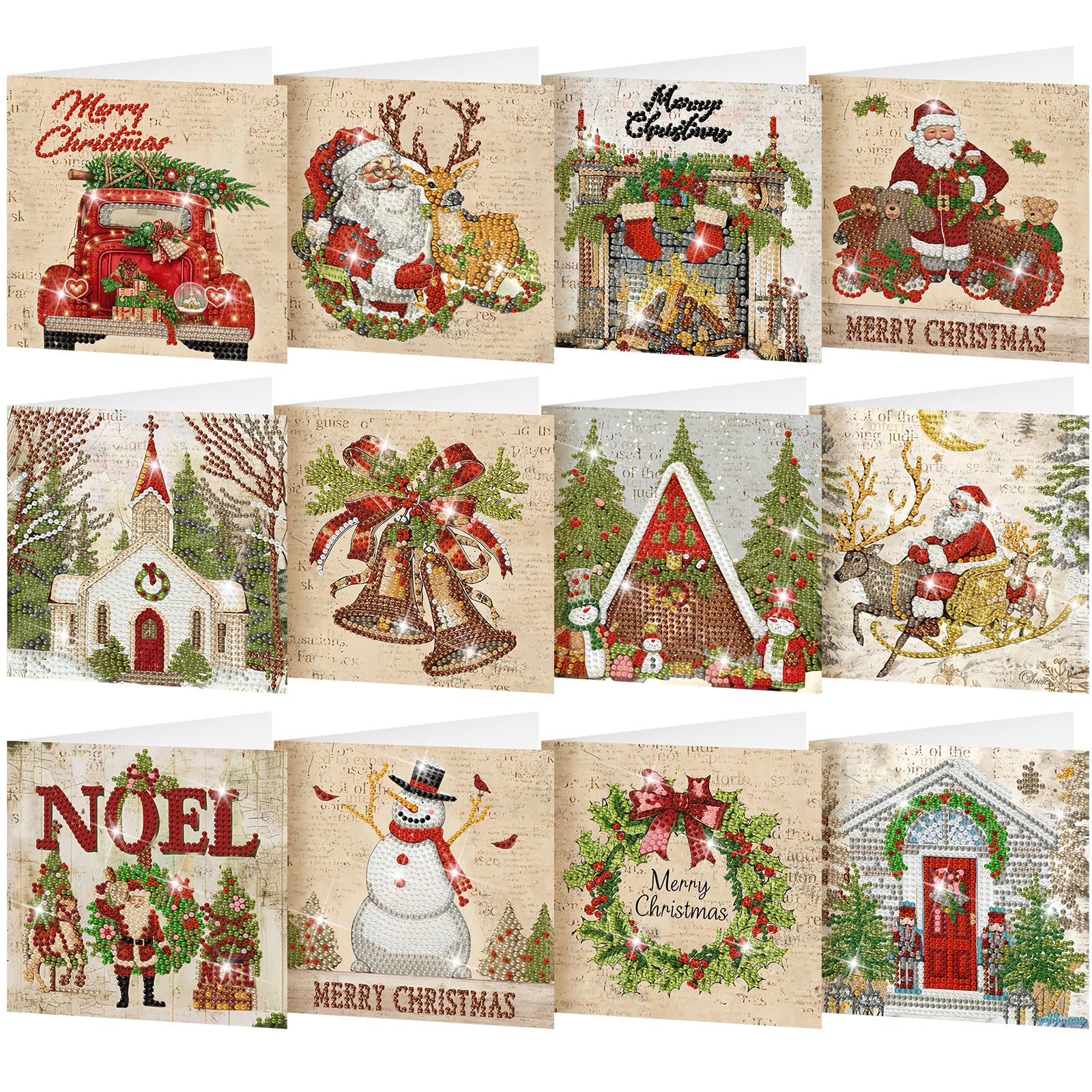 Saillong 12 Pack Vintage Neutral Christmas Diamond Painting Greeting Cards