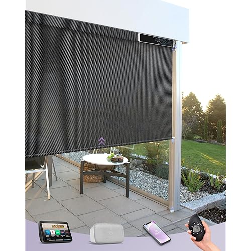 Graywind Motorized Outdoor Shades for Patio, Compatible with Alexa & Google, Solar Powered Electric Roller Shades for Outside, Custom Size (1% Openness, Black)