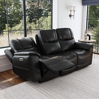 Flexsteel Crew Black Leather Power Reclining Sofa, Zero Gravity Couch, Power Headrest & Lumbar, Dual Recliner, USB-A & USB-C, Home Theater Seating | Zero Gravity Comfort