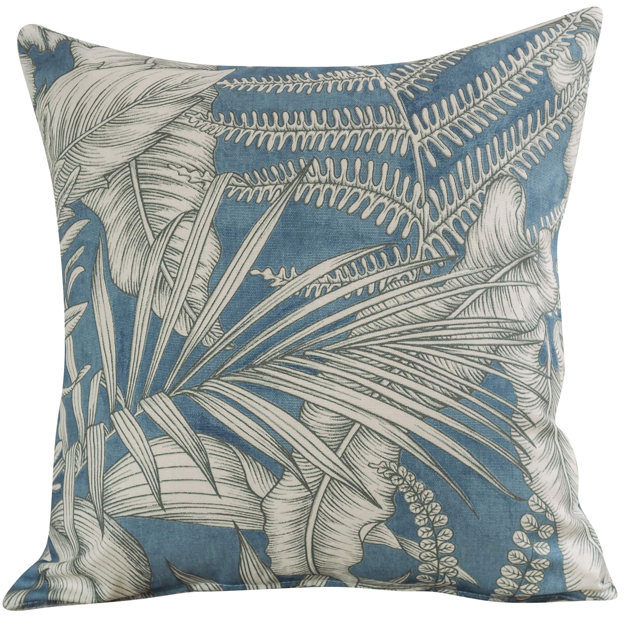 Linen Loft Denim Blue Flowers and Leaves Cushion Cover. Double Sided. Botanical Floral Tropical Exotic Jungle Design. 17x17 (43cm) Square Pillow Case. Handmade in the UK, 100% Cotton.