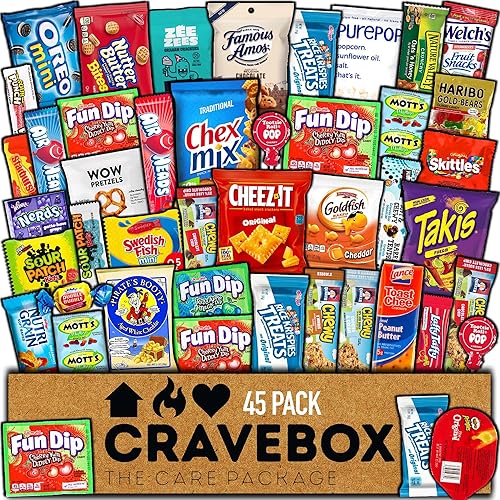 CRAVEBOX Snacks Box Variety Pack Care Package (45 Count) Halloween Treats Gift Basket Adults Kids Grandkids Guys Girls Women Men Boyfriend Birthday Cookies Chips College Student Office School