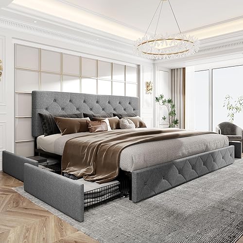 Miniatura 118 de HOOMIC Base de cama de almacenamiento de plataforma de tamaño matrimonial con 4 cajones y cabecera ajustable, listones de madera, no necesita Negro,