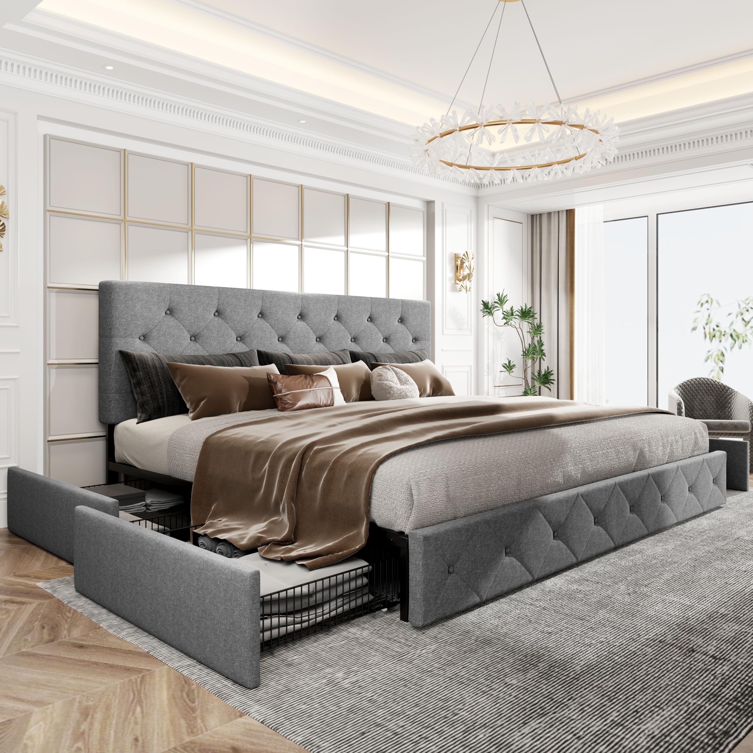 HOOMIC King Platform Storage Bed Frame with 4 Drawers & Adjustable Headboard, Wooden Slats, No Box Spring Needed,Diamond Stitched Button Tufted Design, Noise Free, Light Grey