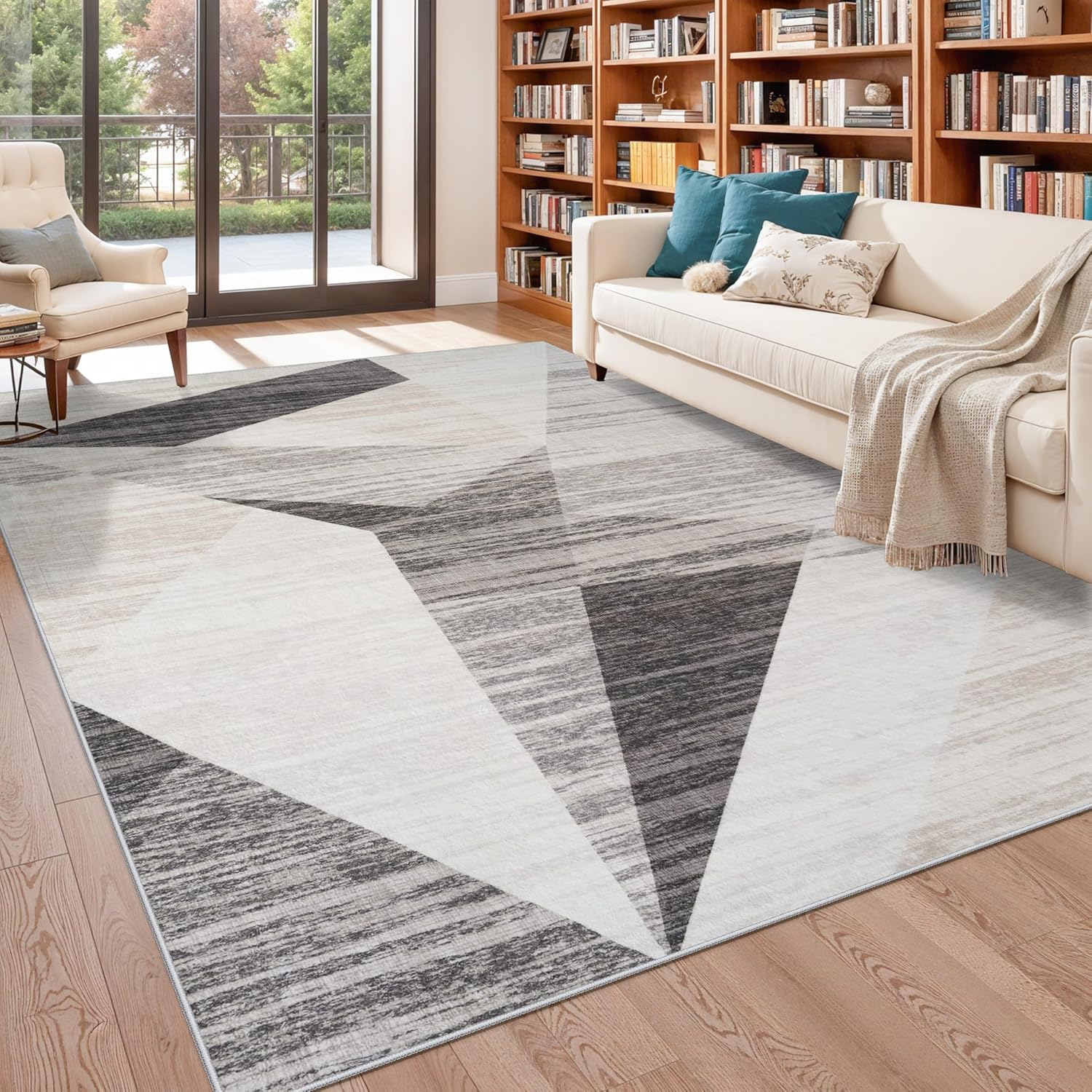 Mid Century Modern Rug - Geometric Style 8x10 for Living Room Bedroom Under Bed Dining Room Under Kitchen Table Office - Minimalist Contemporary Home Decor (Grey Cream Beige, 8x10)