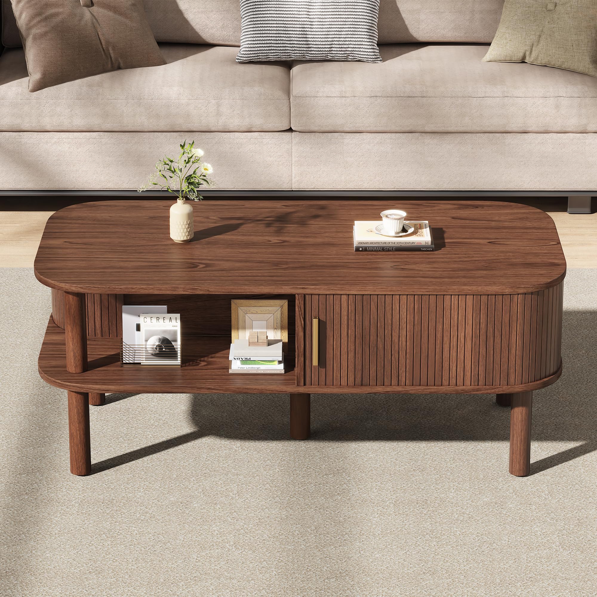 Couchtisch 110x55x45cm aus MDF, Skandinavischer, Rolltor, offene Fächer, Stauraum, belastbar 60 kg, Walnussholzfarbe