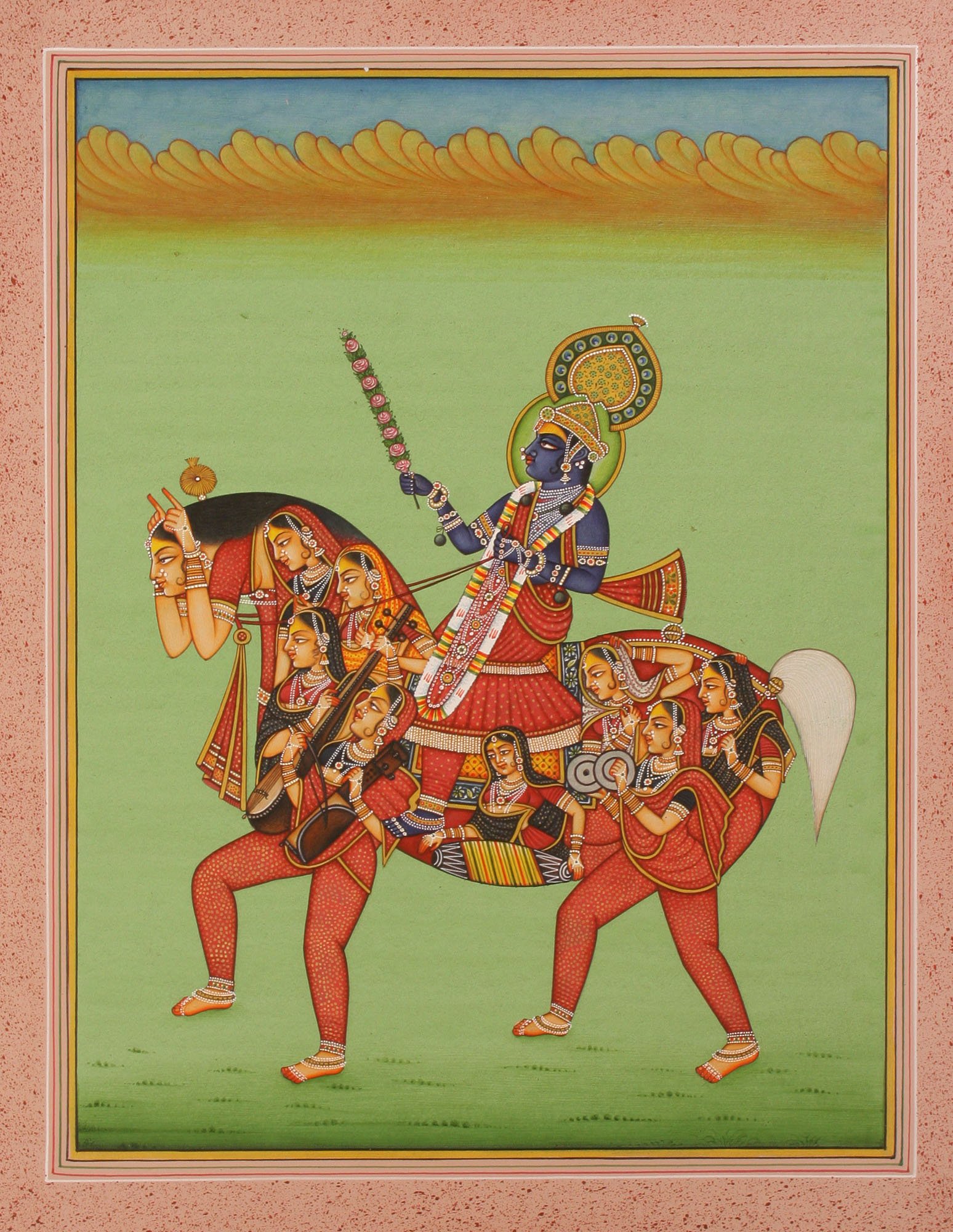 Peinture Kailash Raj : tableau roi à cheval en aquarelle fait main