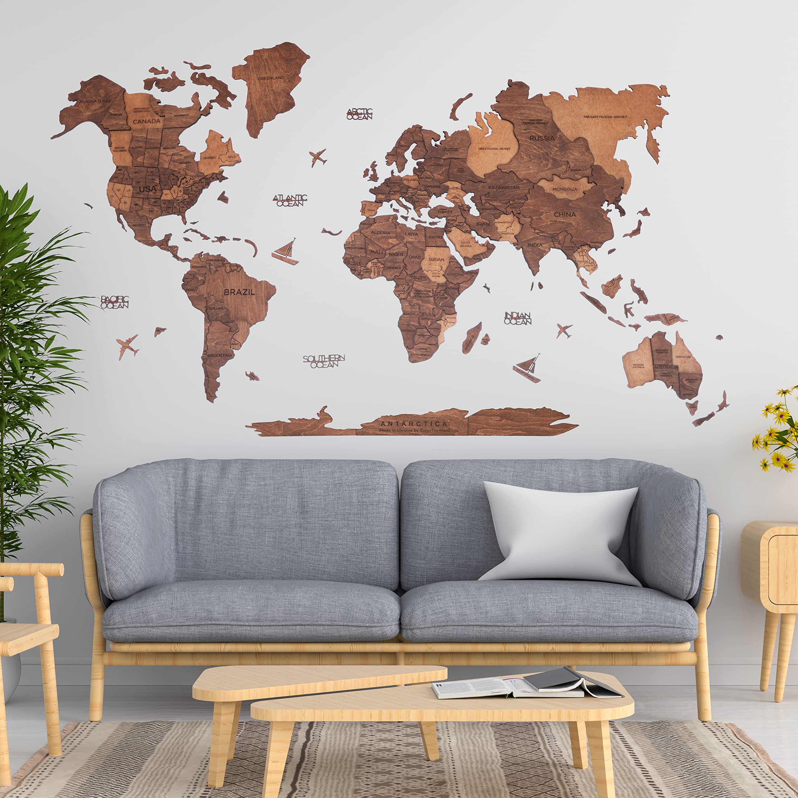Enjoy The Wood3D Wood World Map Wall Art Large Wood Wall Décor Housewarming Gift Idea Wood Wall Art World Travel Map For Home & Kitchen or Office (X-Large, Oak)