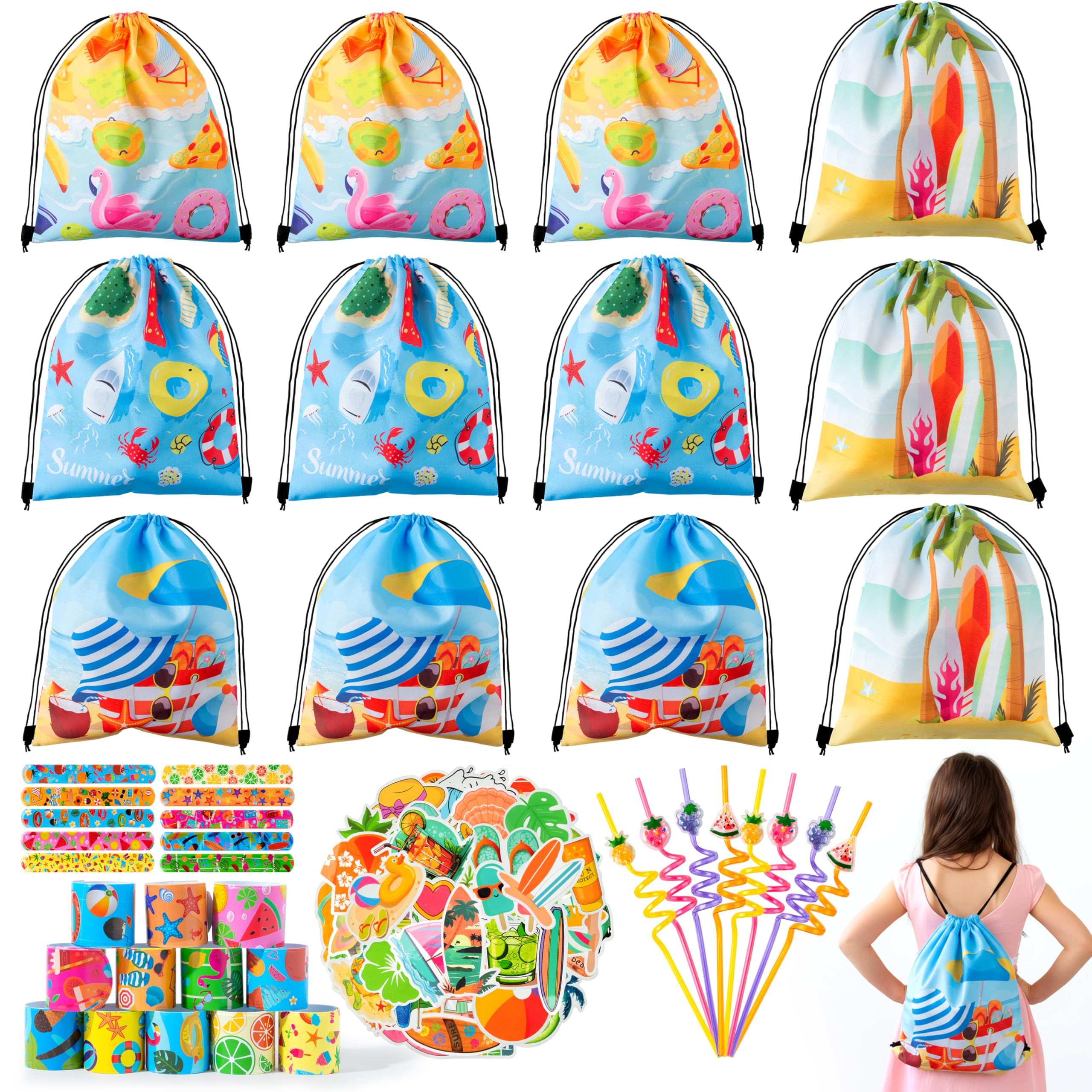 Set di 12 bomboniere con animali marini a tema oceano braccialetti adesivi portachiavi e sacchetti con coulisse, accessori per feste estive in piscina per bambini, ragazze, ragazzi, sacchetti