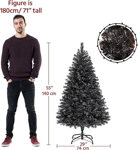 Vista 4 de Yaheetech Árbol de Navidad artificial de pino abeto negro con bisagras y luces incorporadas de 4.5 pies para Halloween, árbol de Navidad