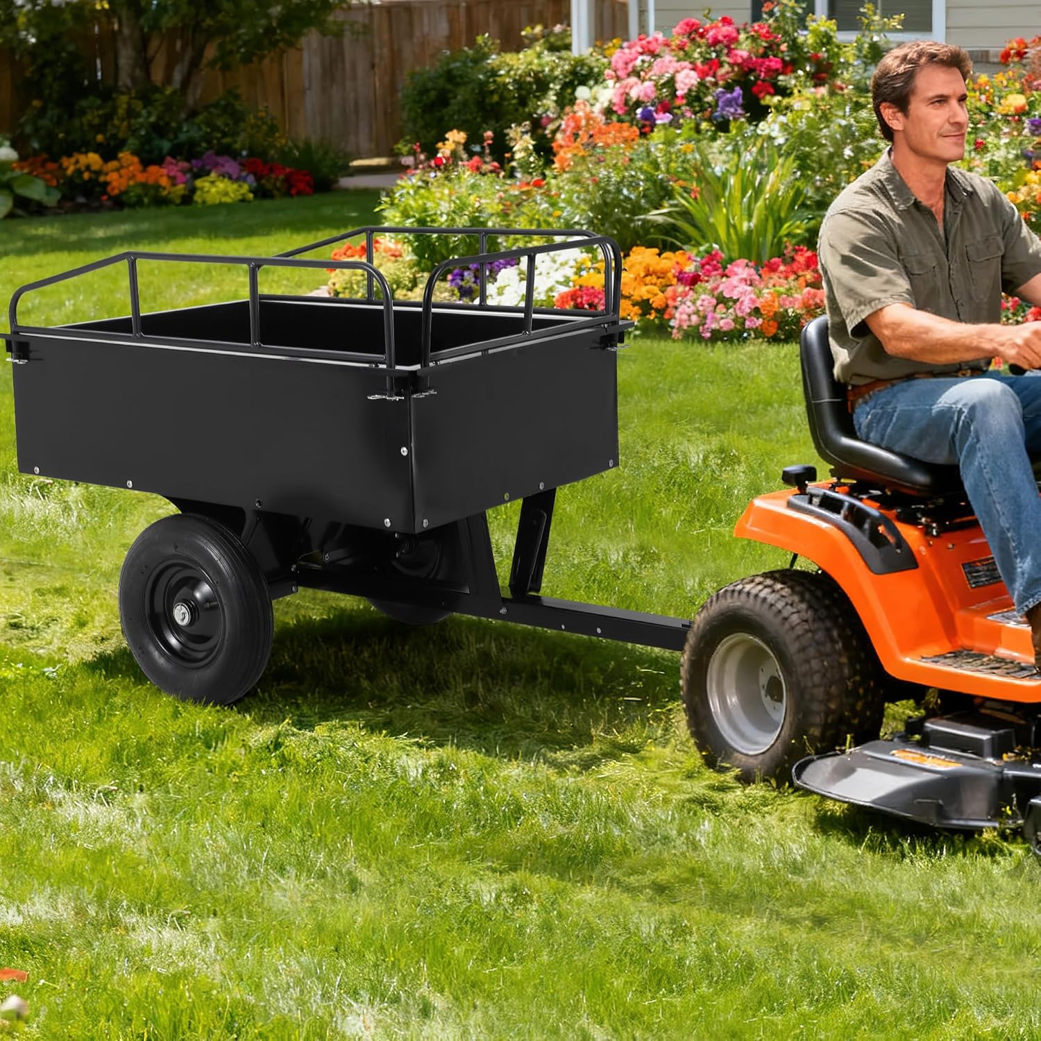 ATV Trailer Dump Cart Pull Behind, 750 LB Capacity, 15 Cu.Ft, Heavy Duty Steel Utility Trailer for Lawn Tractor with Raised Side Rails, Lawn Carts Tow Behind for Garden Yard, Black