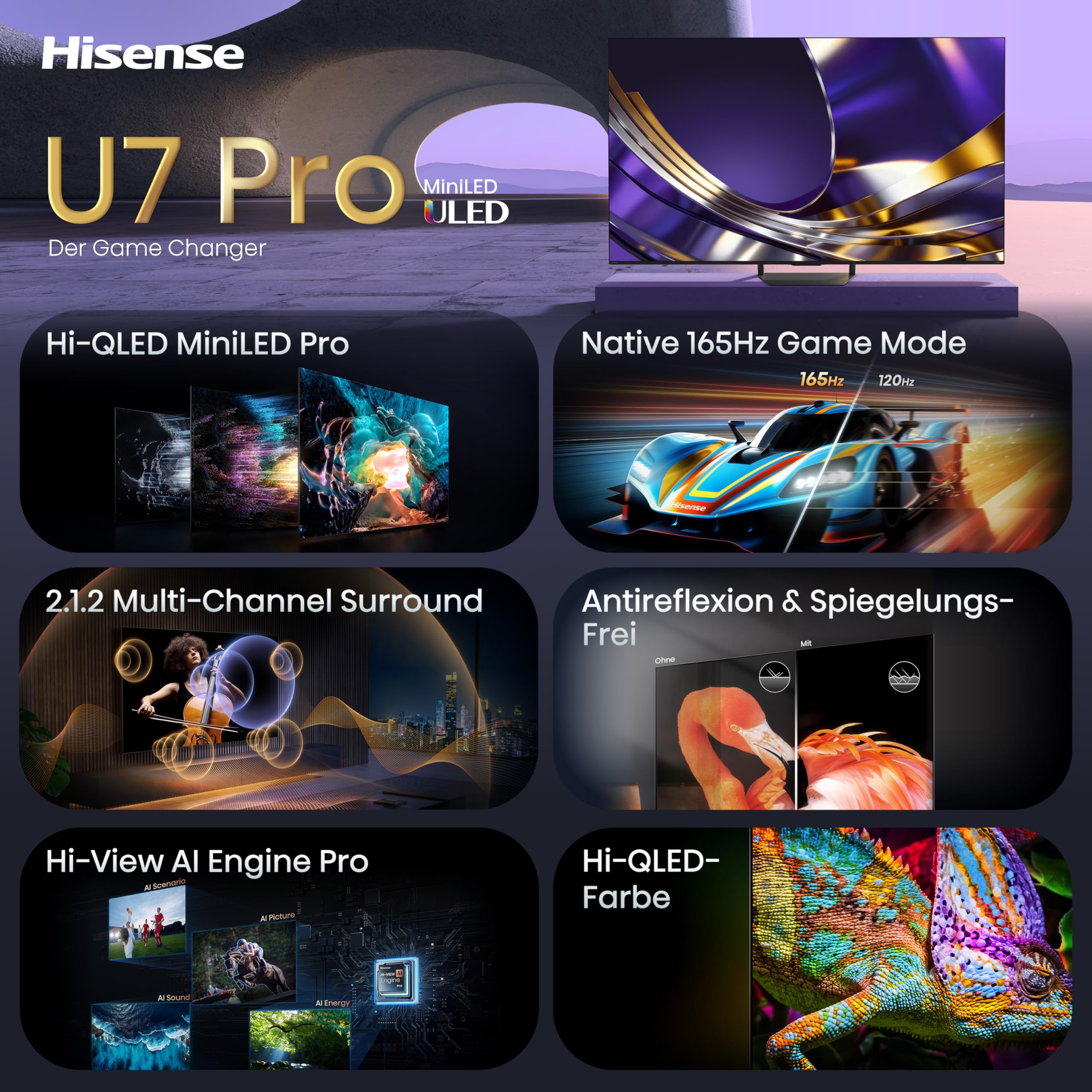 Hisense 65U7DS PRO Fernseher 65 Zoll, 4K UHD, Hi-QLED Mini LED Pro, Smart TV, 165Hz, Hi-View AI Engine Pro, IMAX Enhanced, AI RGB Lichtsensor, Dolby Vision.Atmos, Unibody Slim, FreeSync Premium [2026]