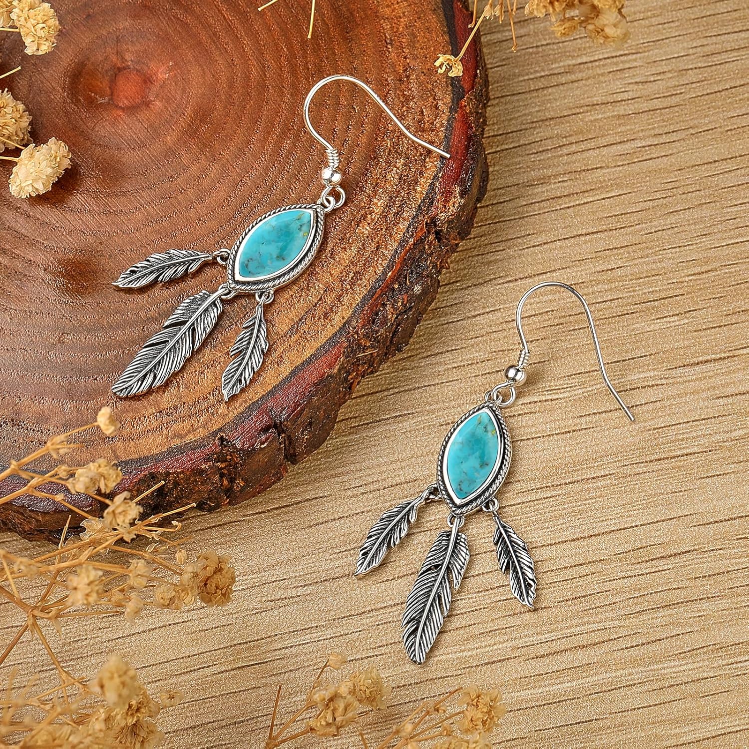 Feather Dangle Earrings for Women 925 Sterling Silver Earrings Teal Turquoise/Turquoise/Labradorite/Moonstone Drop Earrings with Feather Boho Vintage Leaf Hook Earrings Western Jewelry Gifts - Image 3