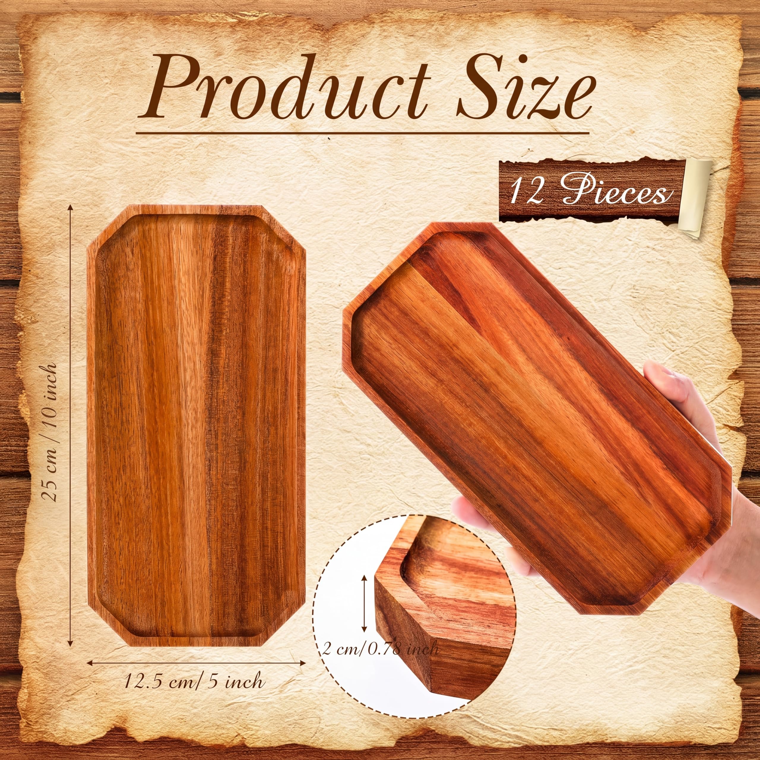 Dandat Paquete de 12 platos de madera de acacia de 10 x 5 pulgadas, bandeja rústica rectangular para charcutería, plato de queso para decoración del hogar, postre, verduras, frutas y galletas