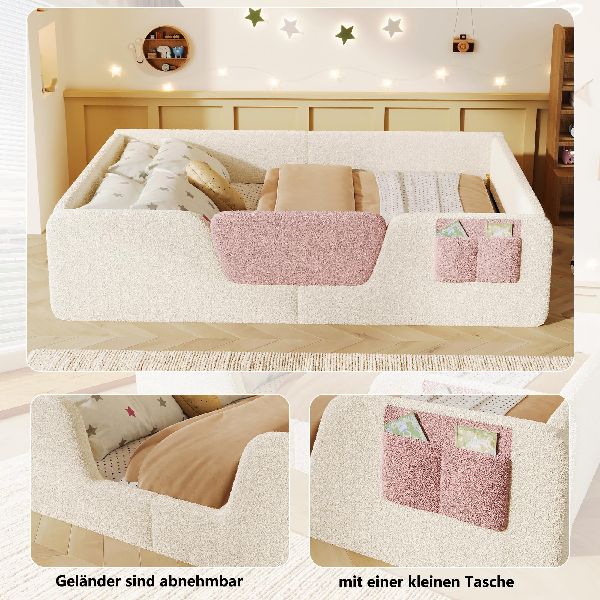 Montessori Letto a Terra per Bambini 140x190cm, Letto Piazza e Mezza per Bambini con Borsa Portaoggetti in Tessuto e Sponde di Sicurezza Removibili, Letto imbottito in Velluto(Senza Materasso) Beige