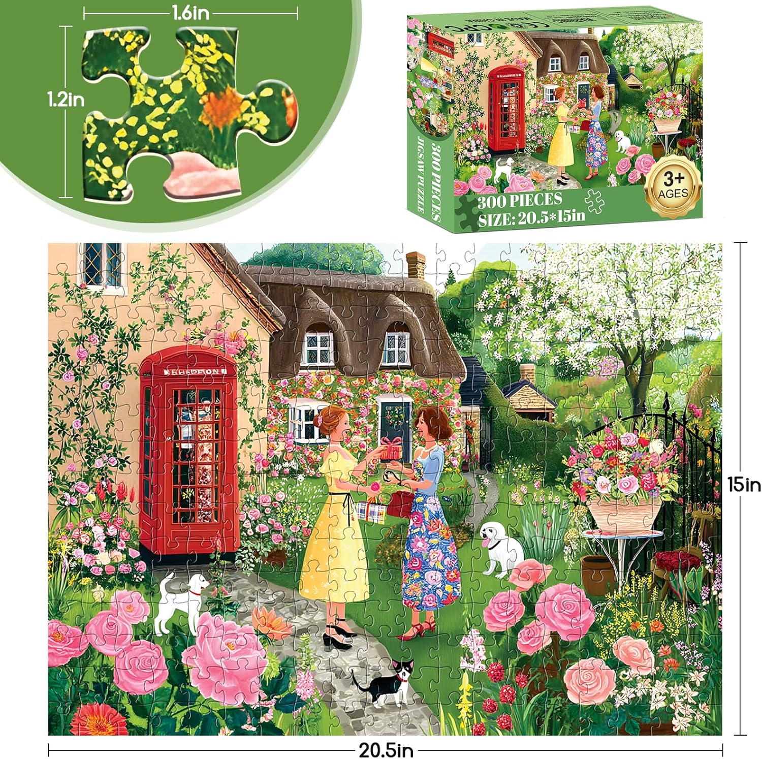 300 Piece Puzzles for Adults,Cottage Garden Puzzle for Adult Kids Seniors,Large Piece Woman Date Chat Puzzle for Kids Ages 8-10 10-12,Floral Red Phone Booth Puzzles Perfect for Game Night,20.5x15 in