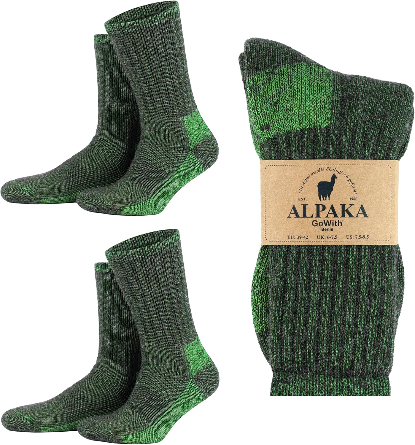 GoWith 2 Pairs Hiking Alpaca Wool Crew Socks for Men & Women, Merino Wool Full Cushioned & Terry Cozy Fuzzy Socks