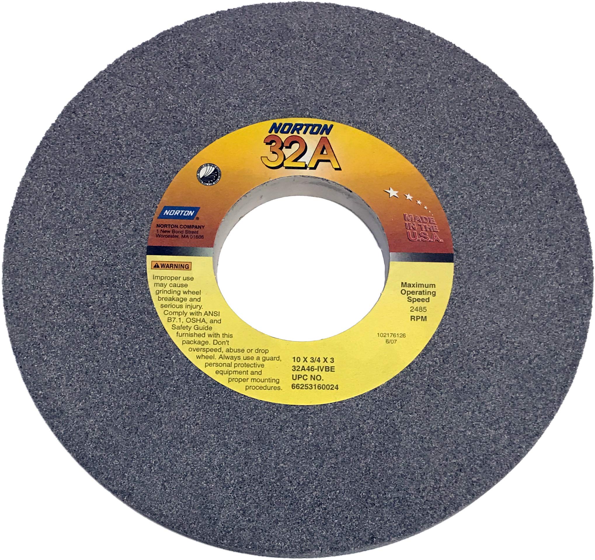 Norton 10 Inch Diameter Type T-1 Vitrified Straight Grinding Wheel, 3 Inch Arbor, 3/4 Inch Thick, I Hardness, 46 Grit, 32A Grain Structure