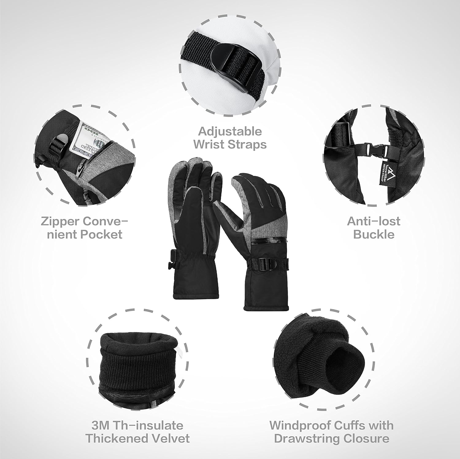 Terra Hiker Men’s Waterproof Gloves, Women’s Winter Warm Ski Gloves 3M Thinsulate Snowmobile Cold Weather Gloves for Adults (Balck, L) : Clothing, Shoes & Jewelry