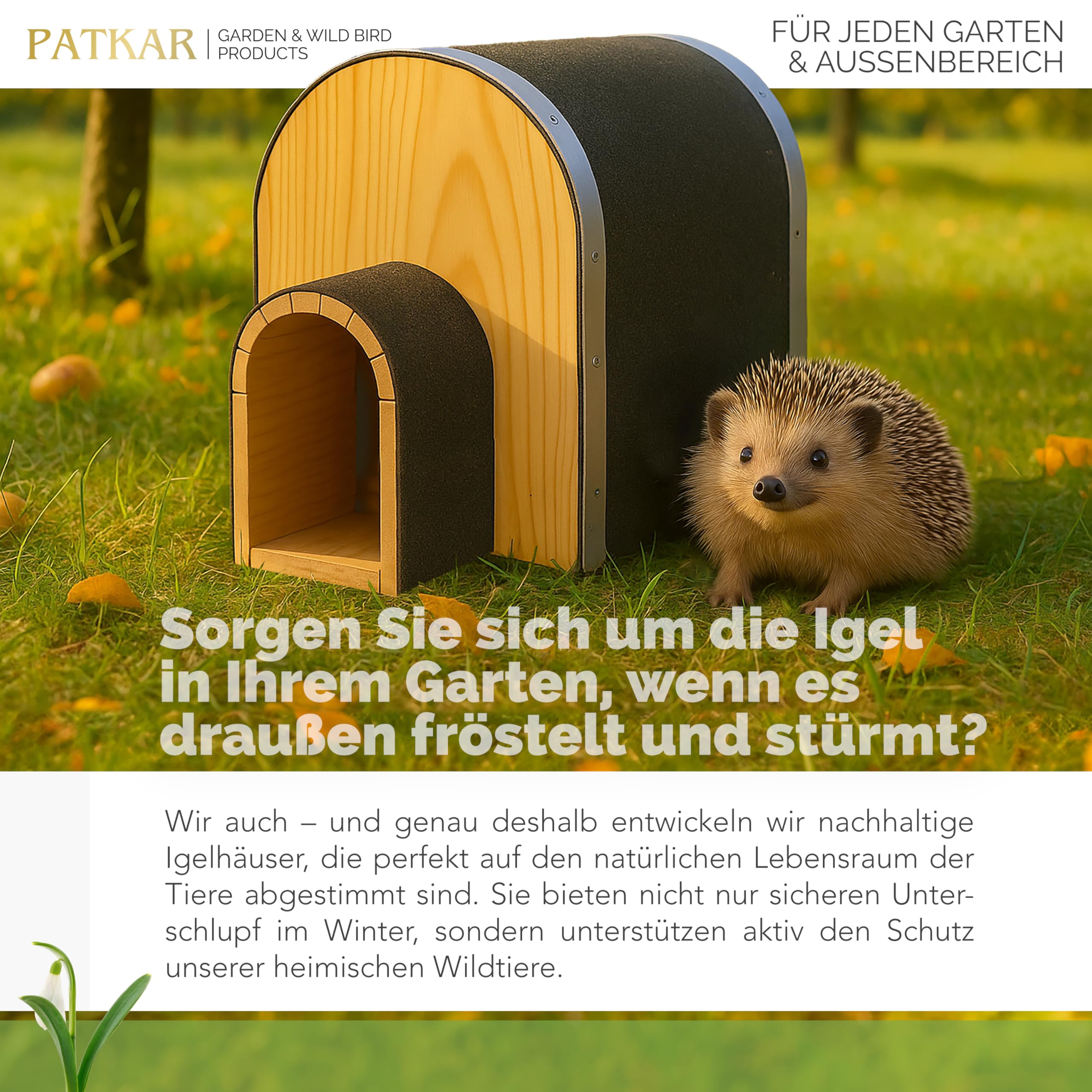 PATKAR Igelhaus Winterfest mit Boden [SCHÜTZT VOR FRESSFEINDEN] - Premium Igelfutterhaus (Made in Europe) - Hochwertige Igelhäuser Igel Haus - Igel Schlafhaus Igel Futterhaus - Igelhotel (Natur)