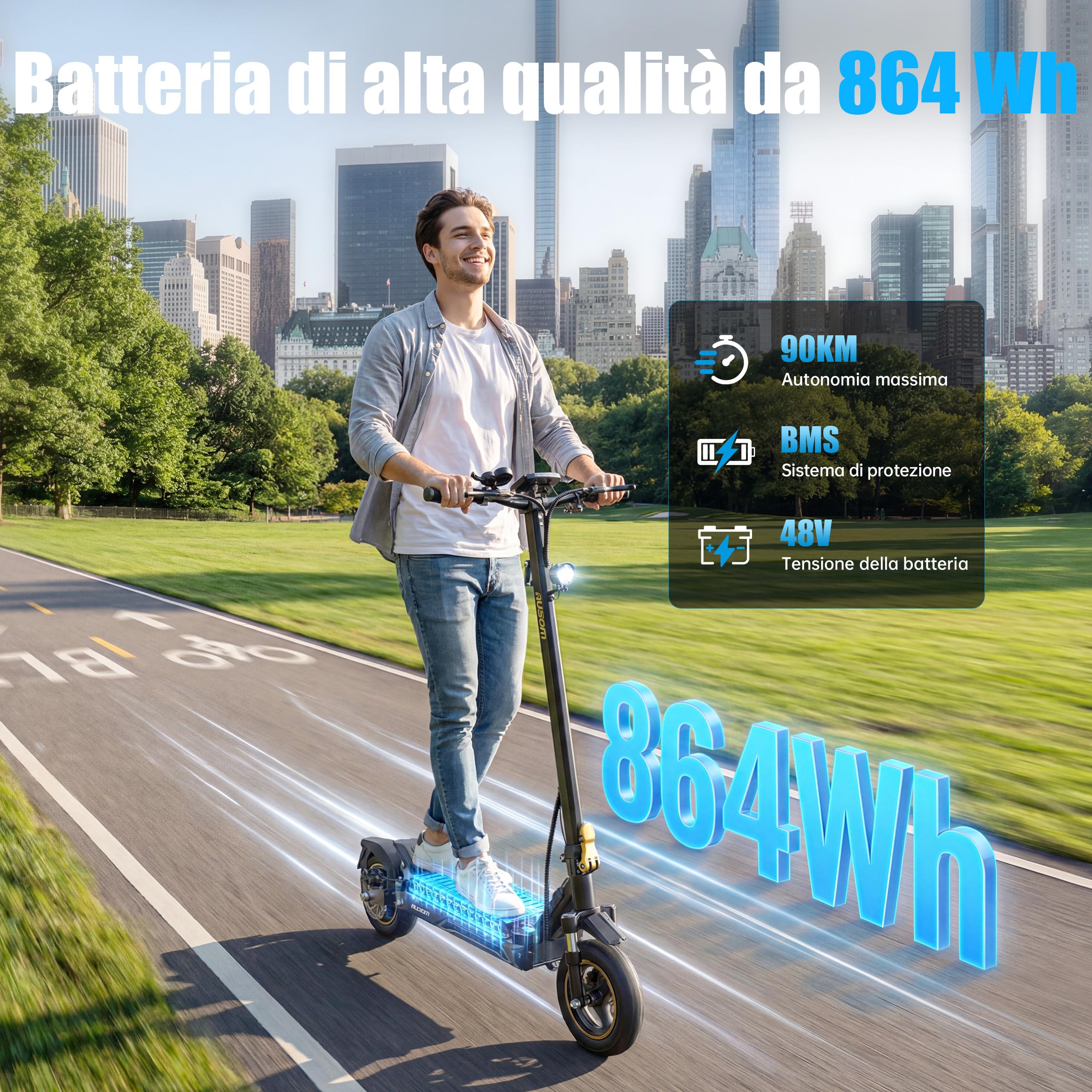 Monopattino Elettrico Ausom K20 Pro per Adulti,Batteria 48V 18Ah, Autonomia 90km, Pneumatici 10" Tubeless, Doppio Disco, Pieghevole, IPX5