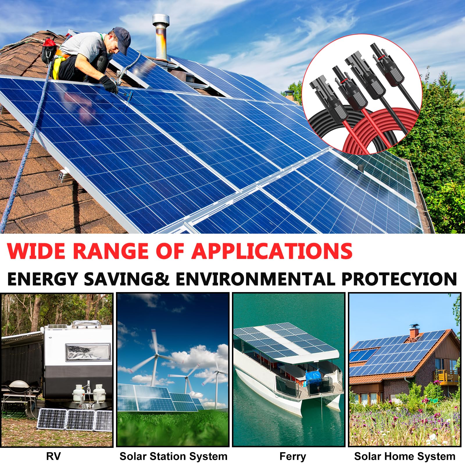 Vansdon Solarmodul-Verlängerungskabel, 6 m, 10 AWG, Solar-Verlängerungskabel-Set mit weiblichen und männlichen, wasserdichten Steckern für Wohnmobil, Photovoltaik-Systeme (6 m)
