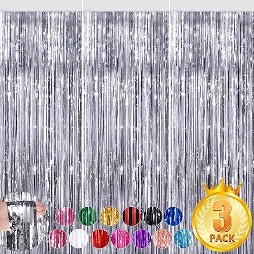 Miniatura 1 de Serpentinas plateadas de 3.3 x 8.3 pies, cortinas de flecos de papel metálico de oropel, decoraciones de fiesta, paquete de 3 serpentinas de puerta