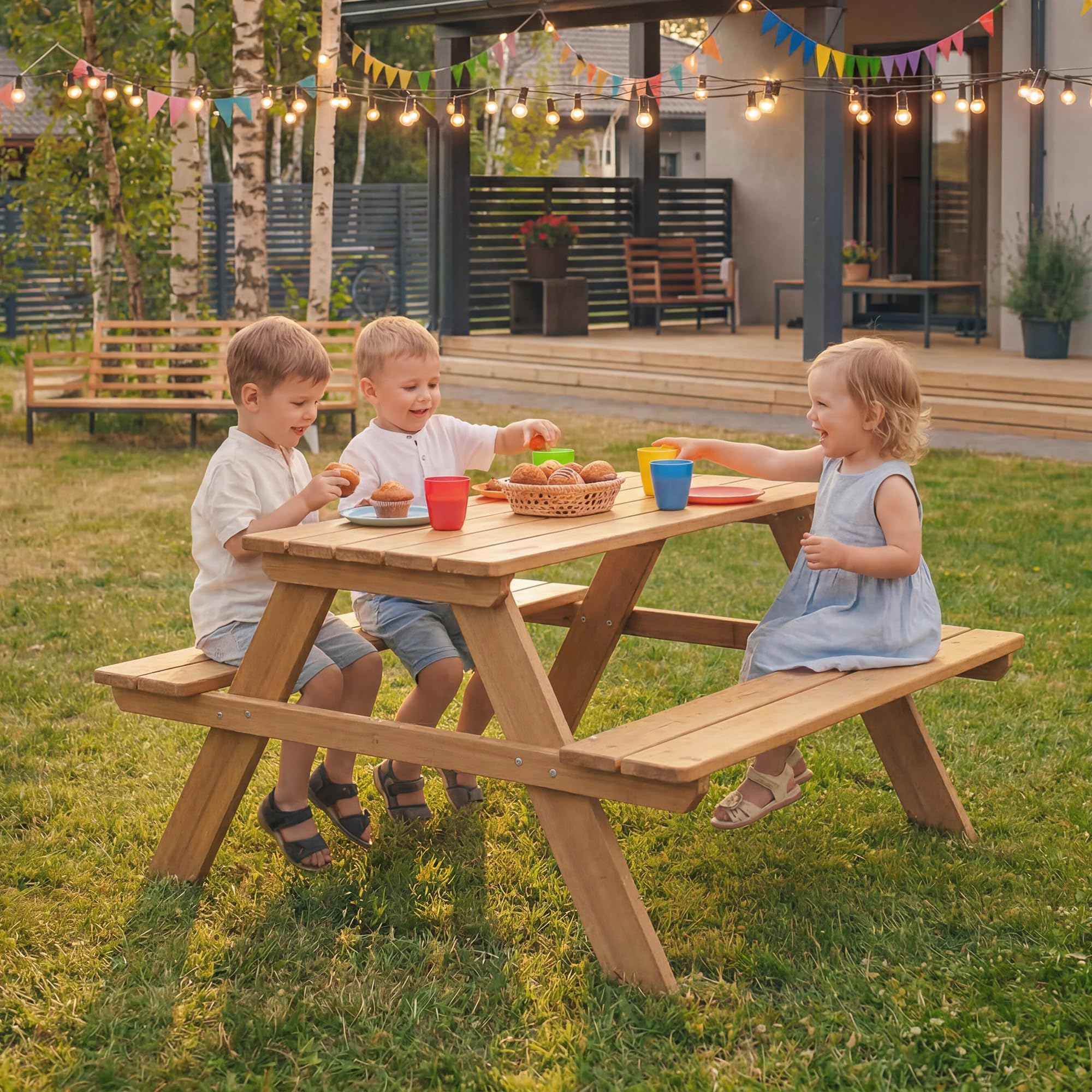Ensemble de Table et Bancs Picnic Bois Massif Résistant aux Intempéries 4 Places 89 x 85 cm 100 Kg Teinté Teck