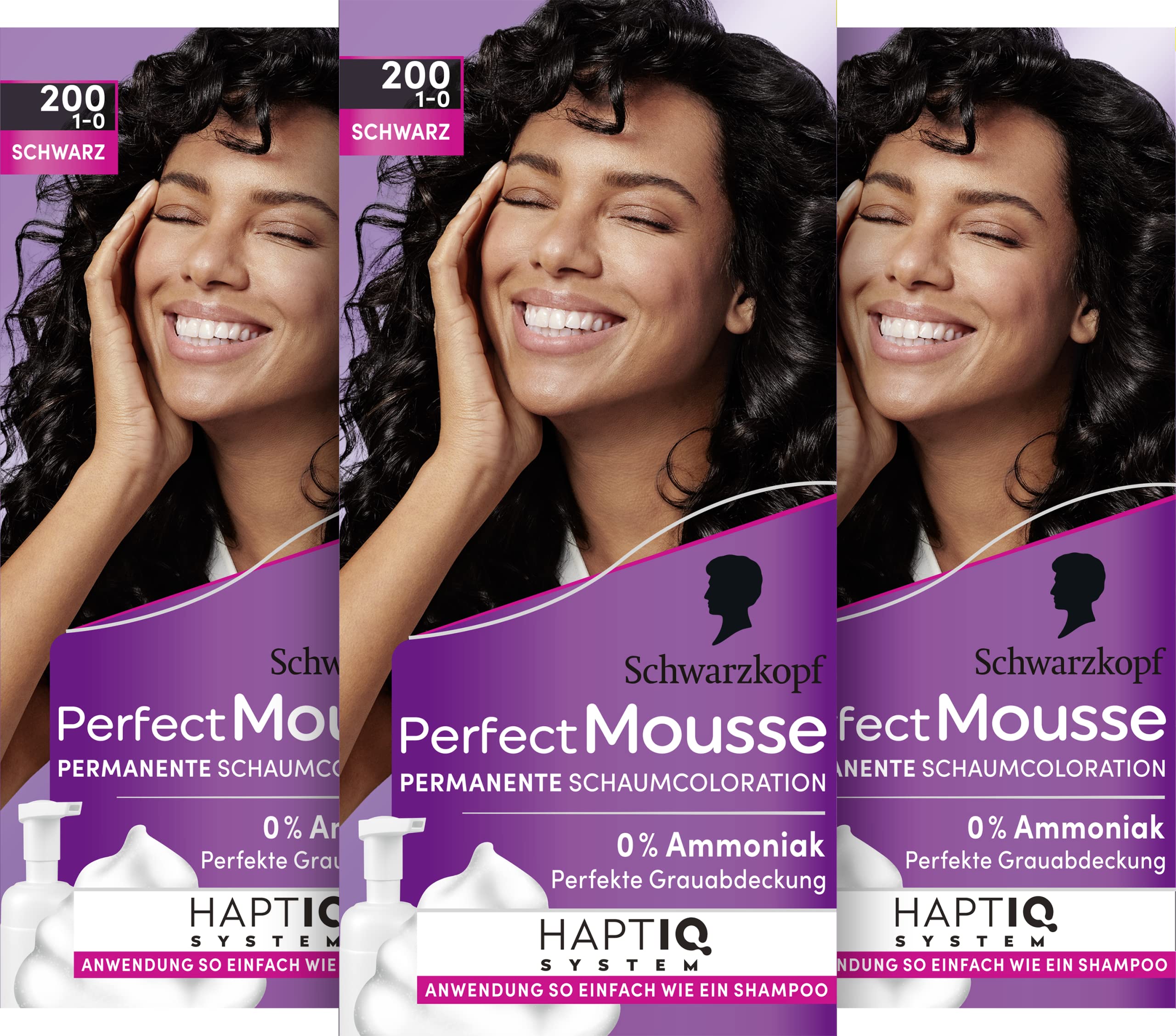 Schwarzkopf Perfect Mousse permanentna farba piankowa 200/1-0 czarna (3 x 92,5 ml), farba do włosów z perfekcyjnym pokryciem szarości, koloryzacja dla intensywnej pielęgnacji i promiennego połysku