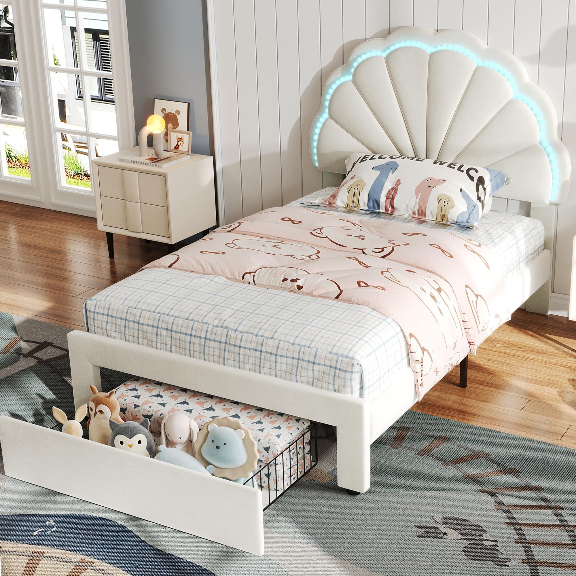 ModernLuxe 3ft Upholstered Single Bed 90x190cm with Shell-Shaped Backrest, 1 Drawer, LED Light Strips,Velvet Upholstery, Iron Legs, Remote-Controlled, Beige for Adults & Teenagers - without Matress โ image 1