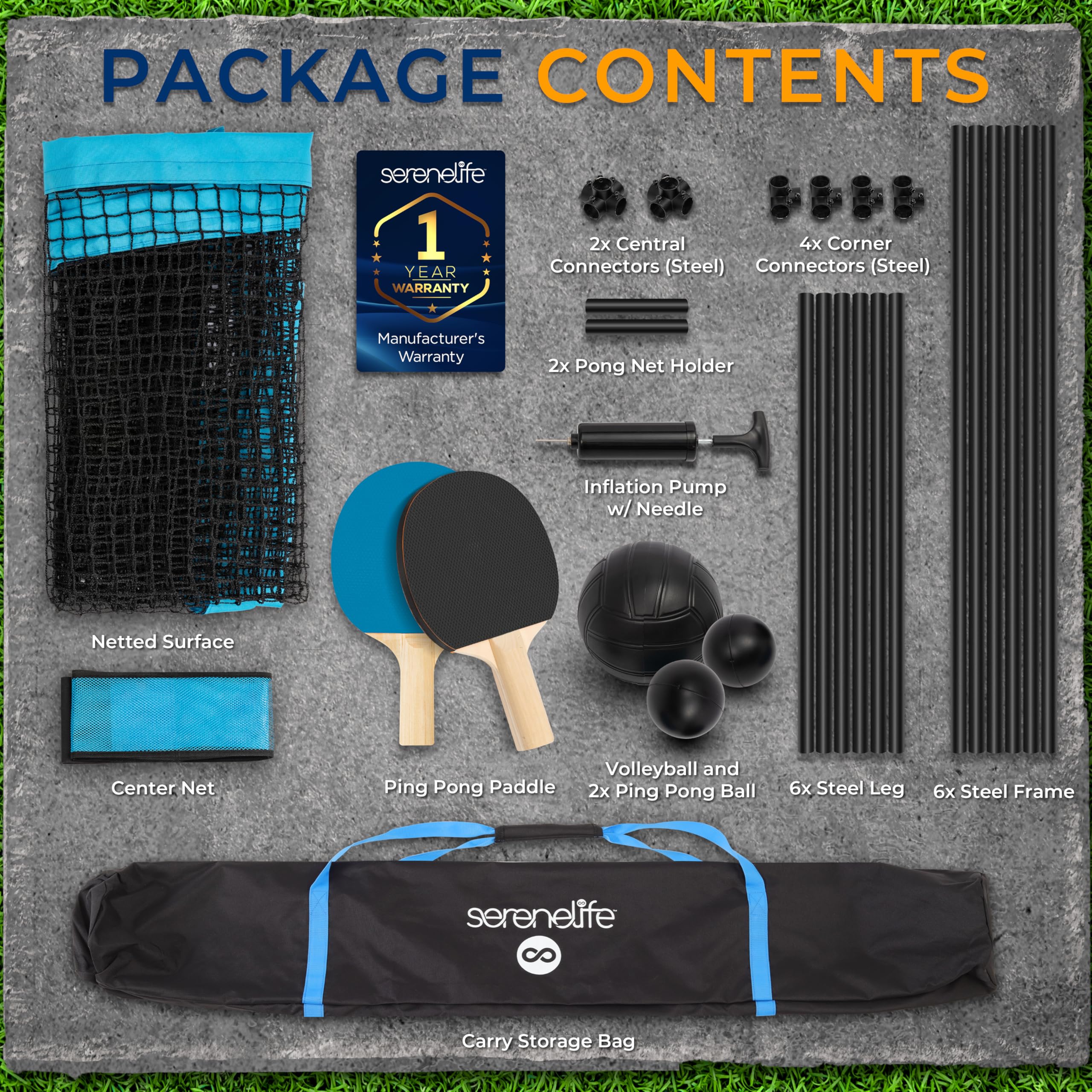 SereneLife Trampoline Ping Pong Table - Heavy Duty Powder Coated Steel Frame and Connectors - Full Size 94" - Hand Pong Game Table with Paddles, Small, Large Balls - Indoor/Outdoor, Beach, Game Room