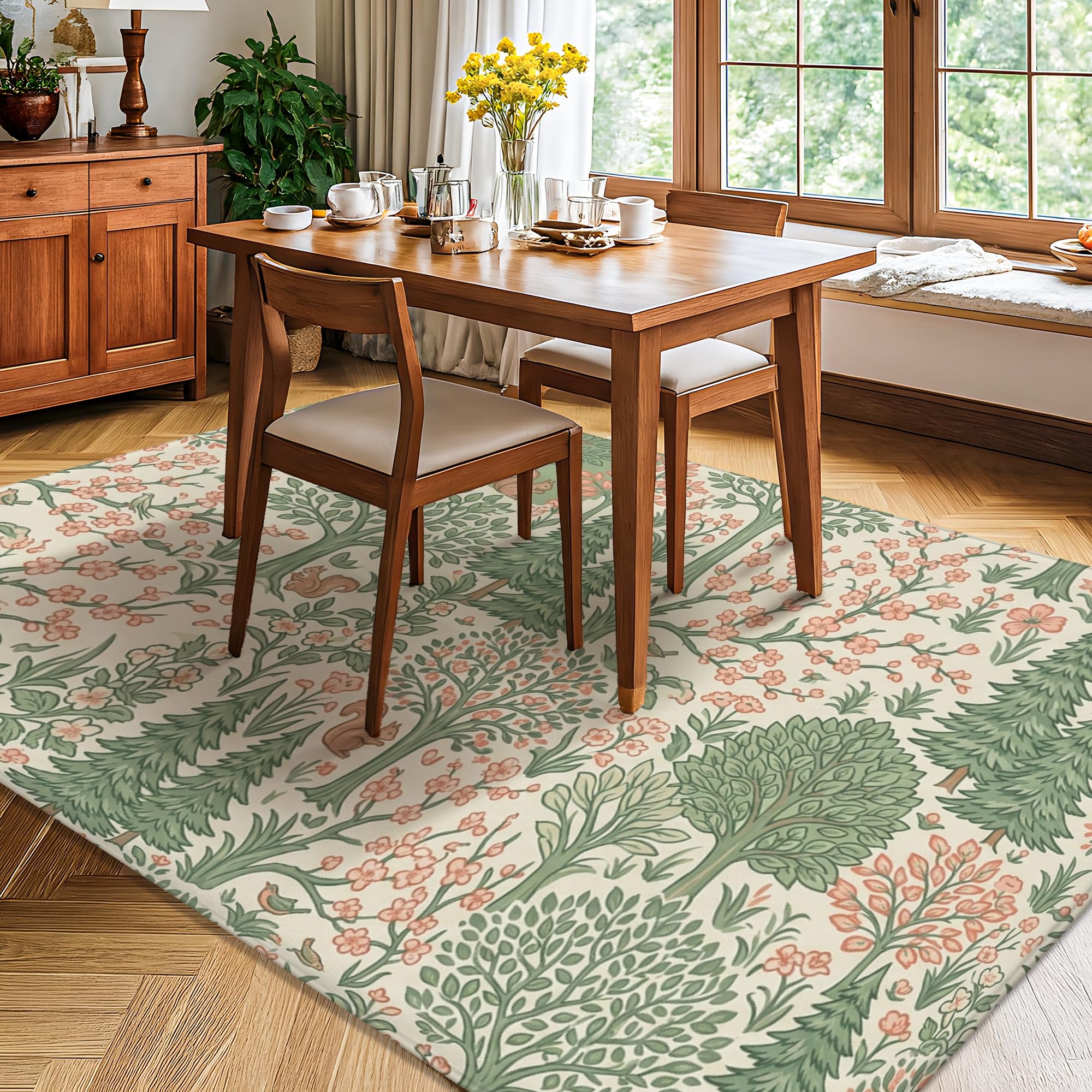 Alfombra de área floral, hojas botánicas naturales, árboles, primavera, verde, esponja, pelo bajo, suave, rectangular, resistente a las manchas, para sala de estar, dormitorio, debajo de la mesa