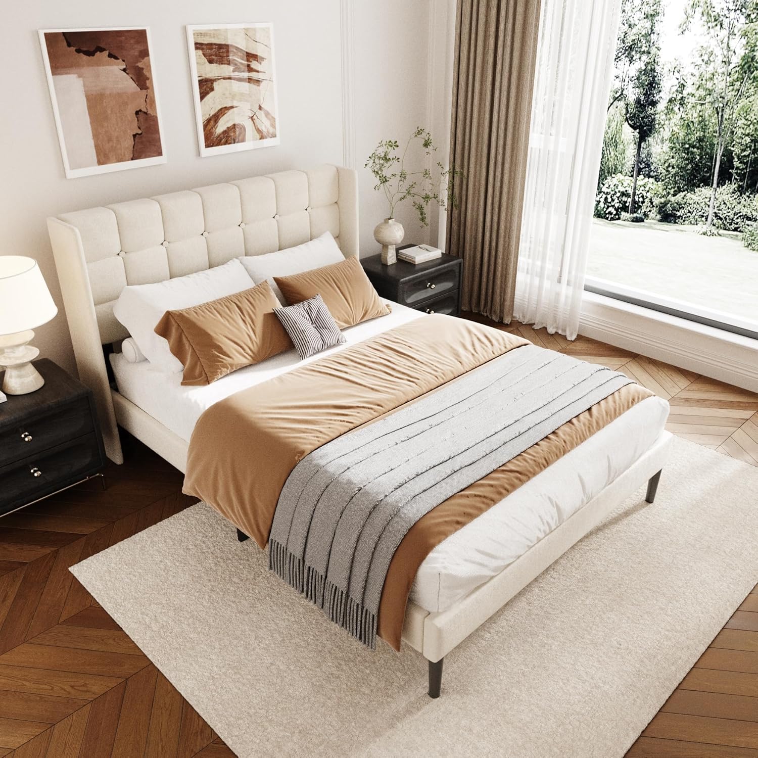 Full Size Bed Frame with Wingback Headboard, Velvet Upholstered Platform Bed Frame with Button Tufted Headboard, Wooden Slats Support, No Box Spring Needed, Noise Free, Easy Assembly, Beige