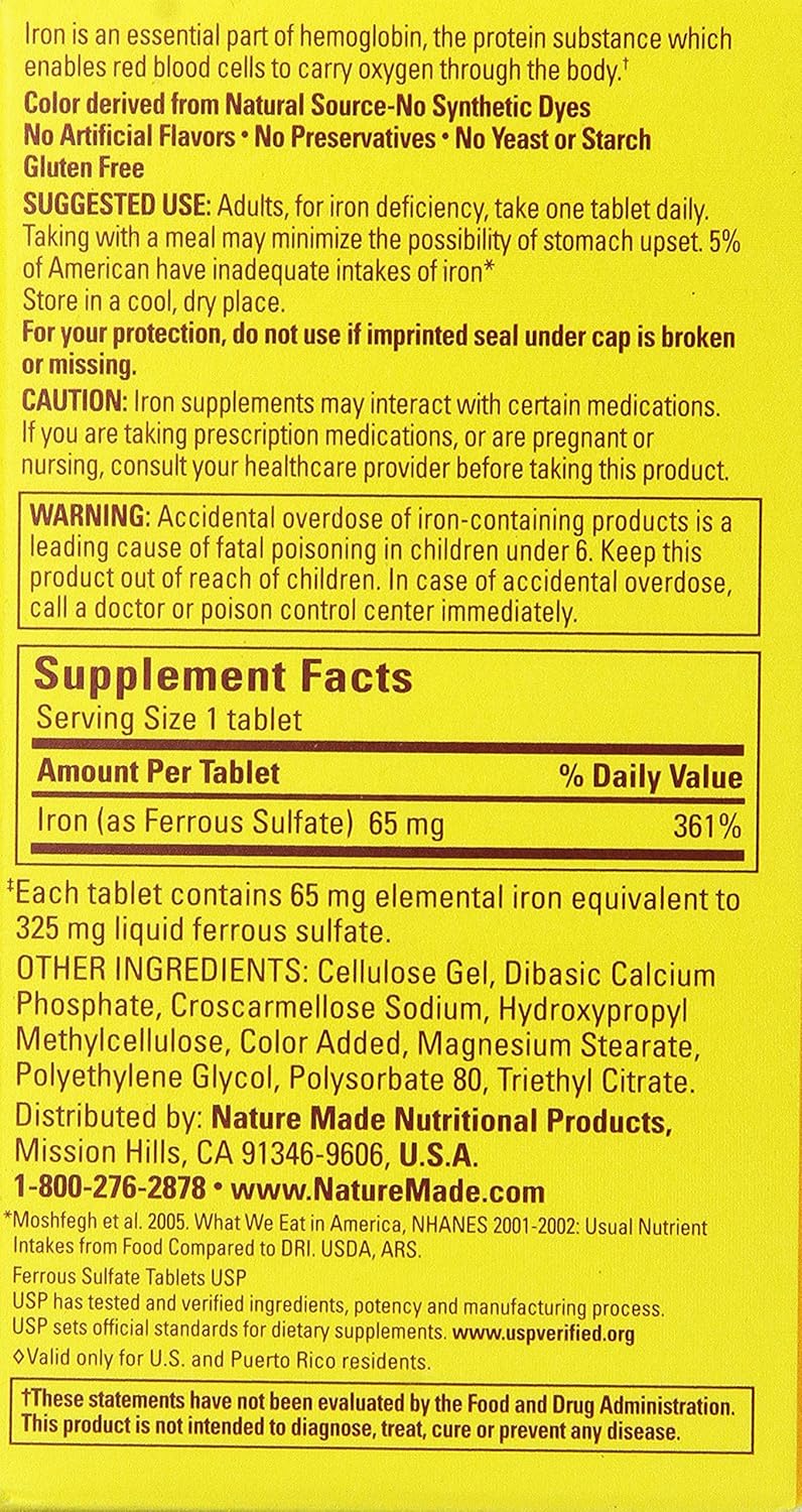 Nature Made Iron 65mg, Equivalent to 325 mg Ferrous Sulfate - 300 Tablets : Health & Household