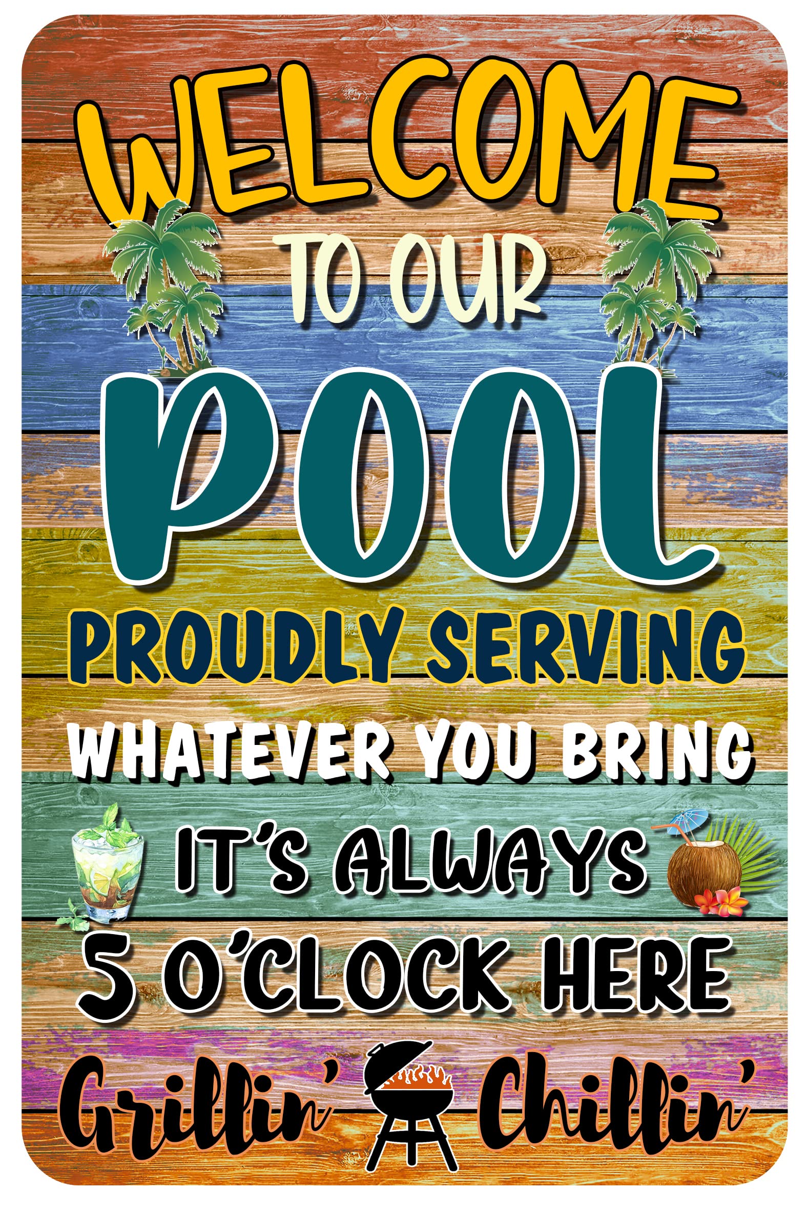 SMAZDFXX Pool Rules Signs Outdoor Pool Decor Swimming Pool Decorations Accessories Metal Sign It's 5:00 Here 12"x16"