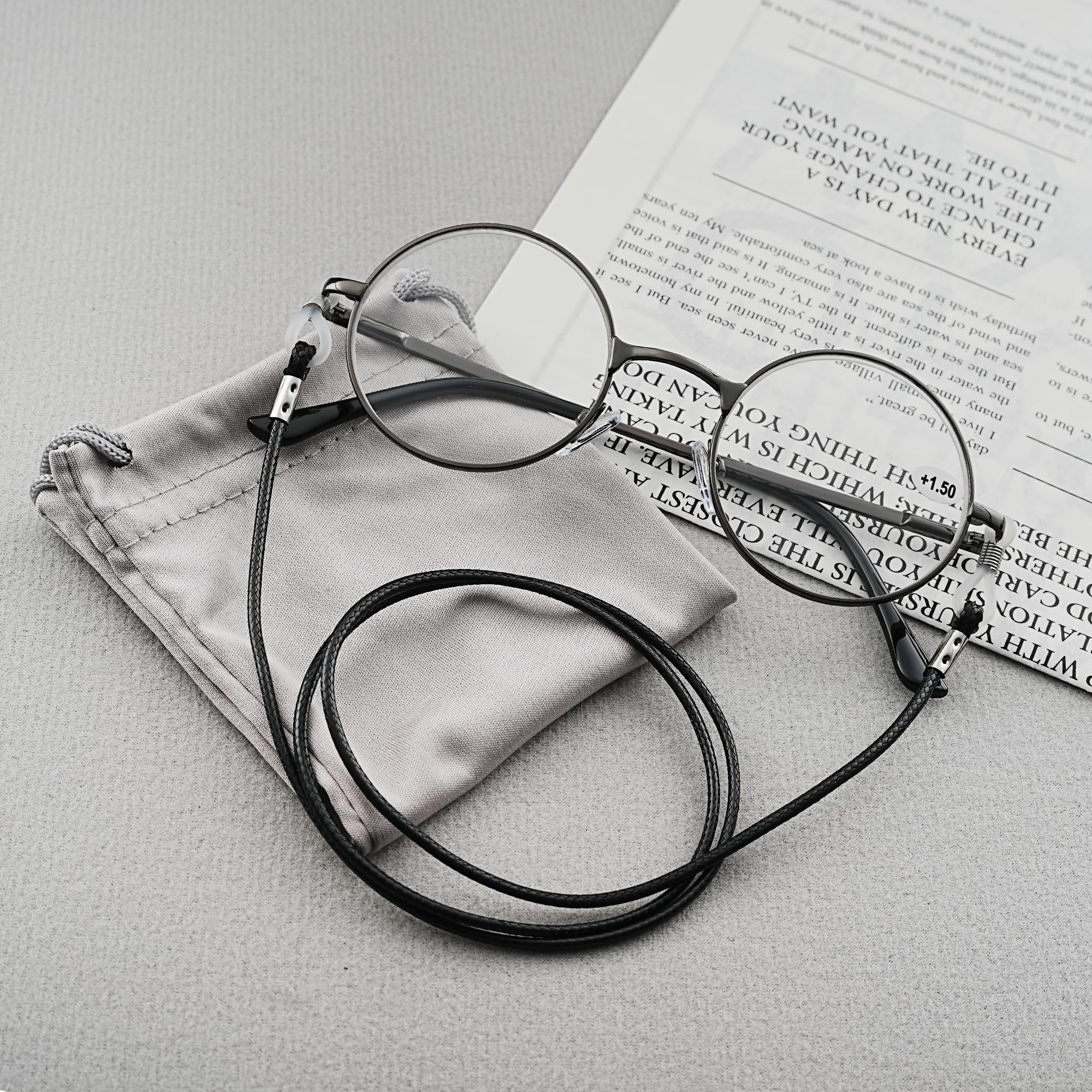 Damskie męskie okrągłe okulary do czytania Vintage metalowa ramka pasek do okularów
